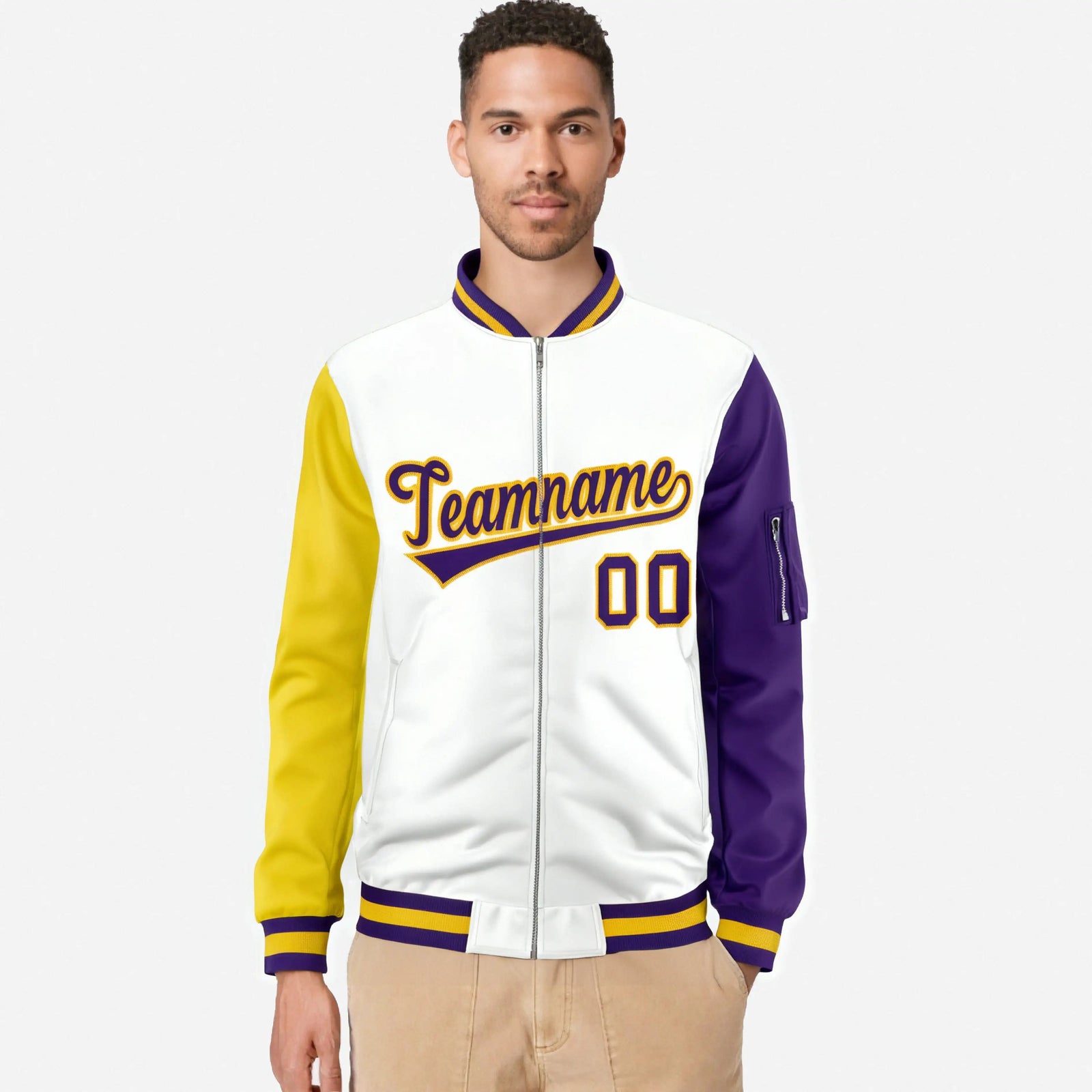 Custom White Gold-Purple Varsity Full-Zip Raglan Sleeves Letterman Bomber Jacket