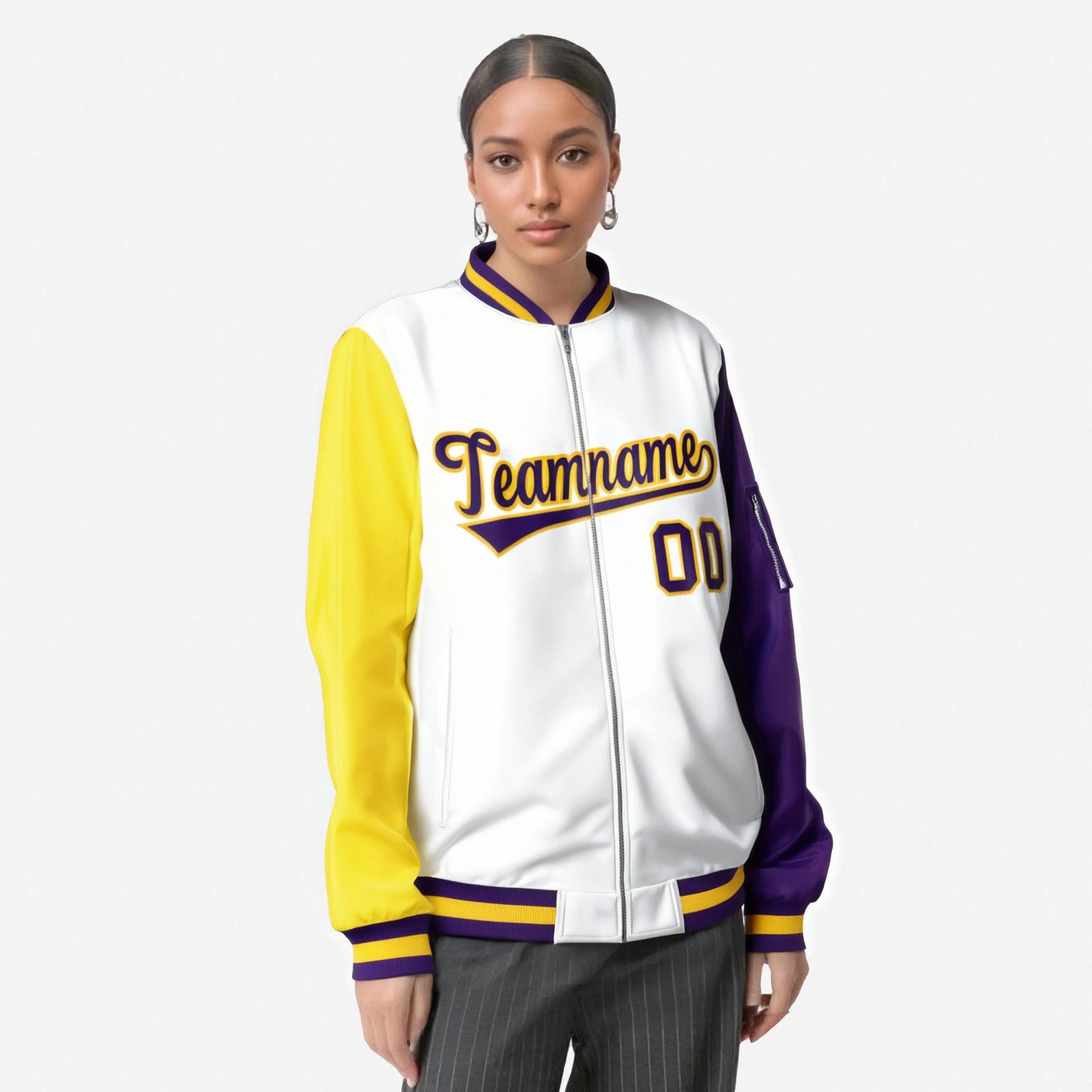 Custom White Gold-Purple Varsity Full-Zip Raglan Sleeves Letterman Bomber Jacket