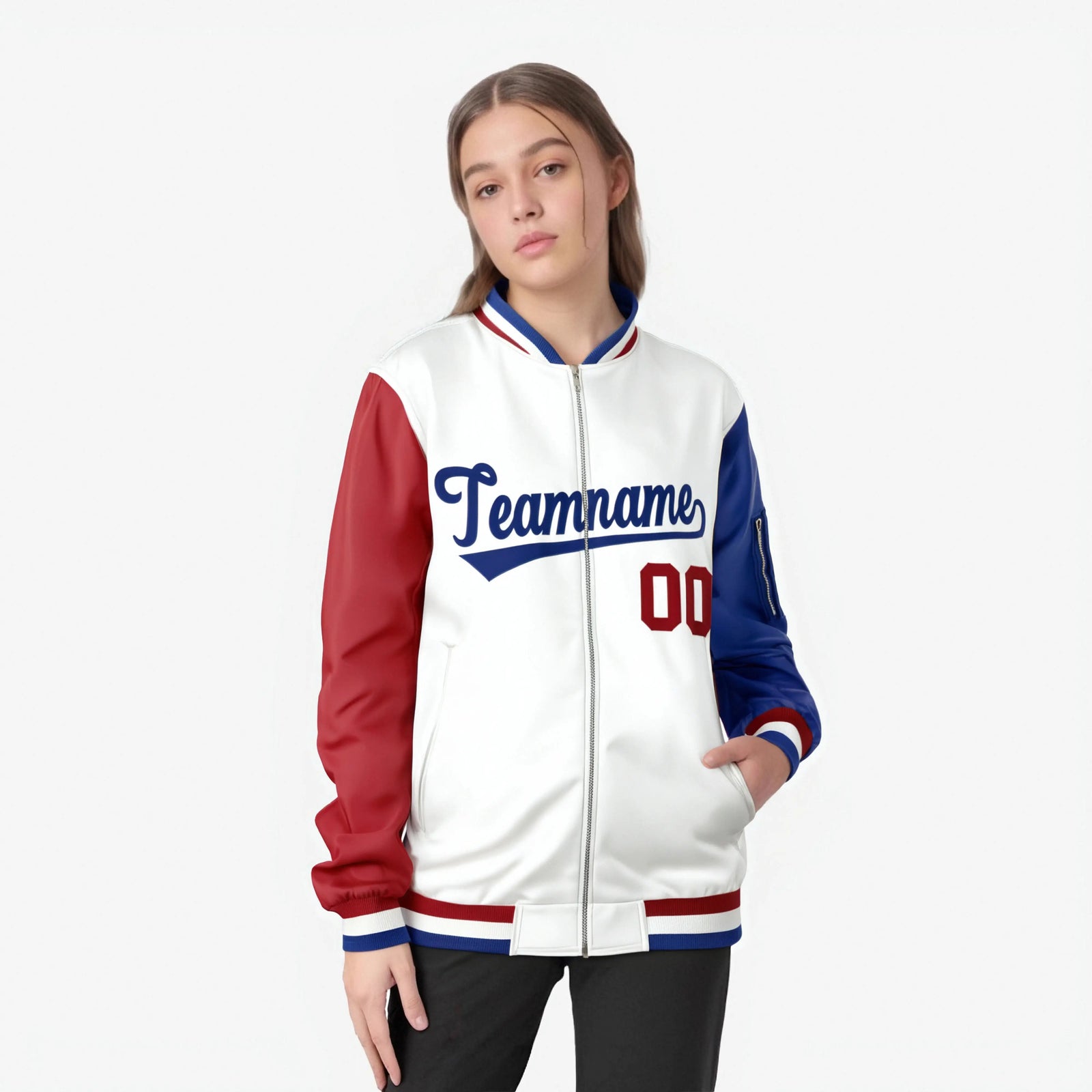 Custom White Royal Blue-Red Varsity Full-Zip Raglan Sleeves Letterman Bomber Jacket