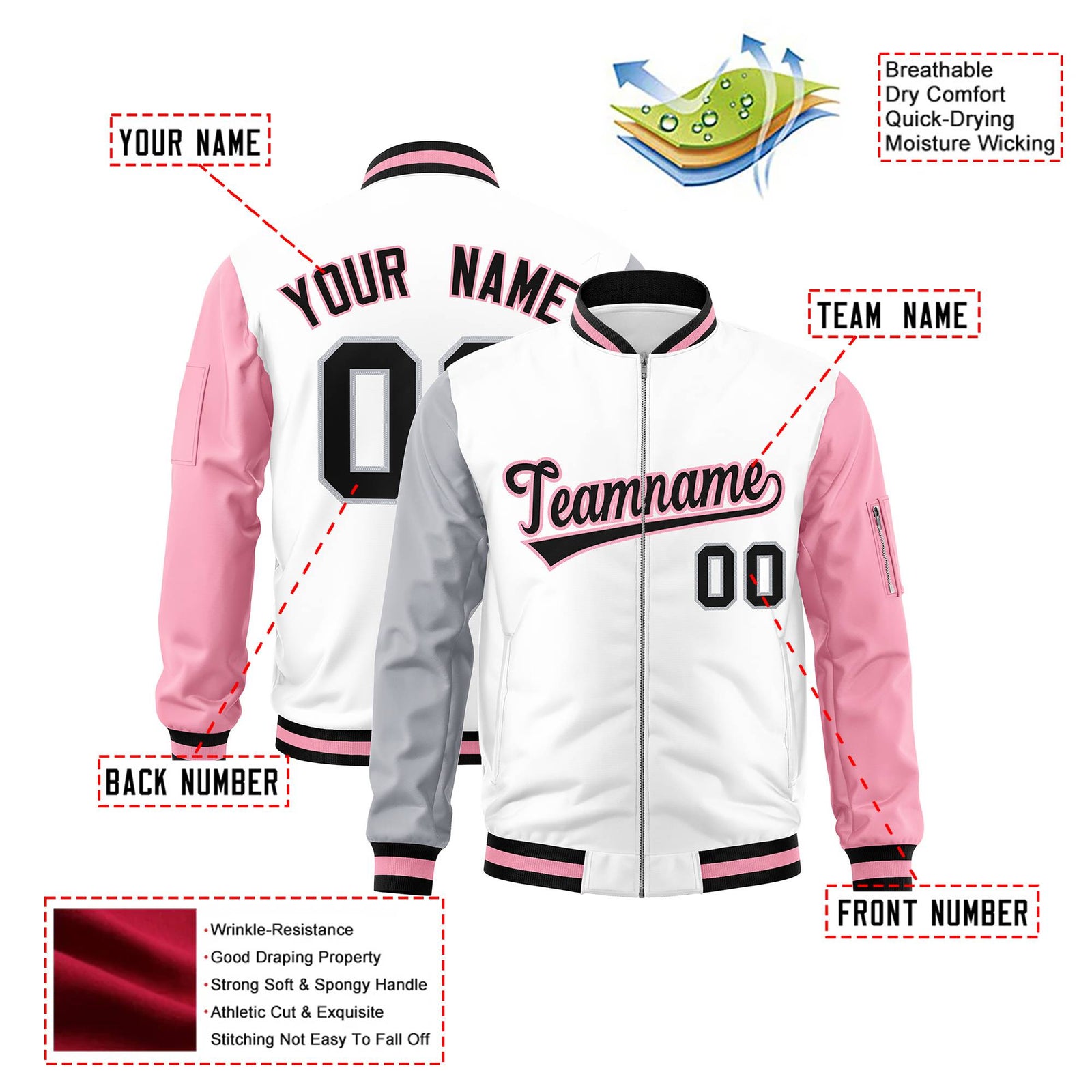 Custom White Light Pink-Gray Varsity Full-Zip Raglan Sleeves Letterman Bomber Jacket