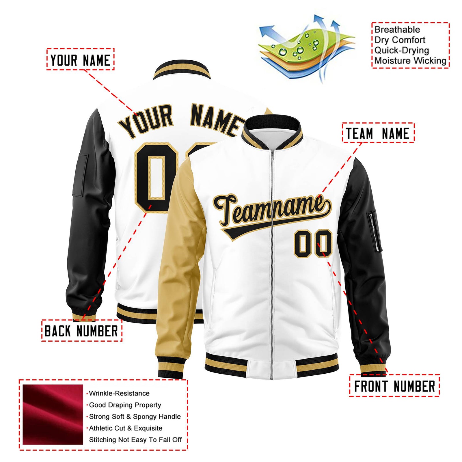 Custom White Black-Khaki Varsity Full-Zip Raglan Sleeves Letterman Bomber Jacket