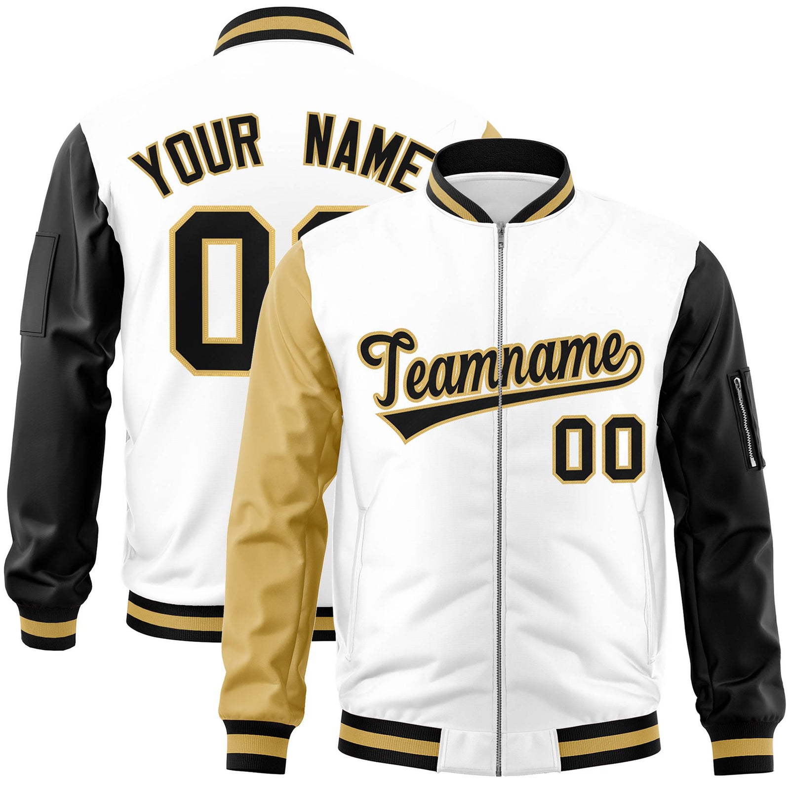 Custom White Black-Khaki Varsity Full-Zip Raglan Sleeves Letterman Bomber Jacket