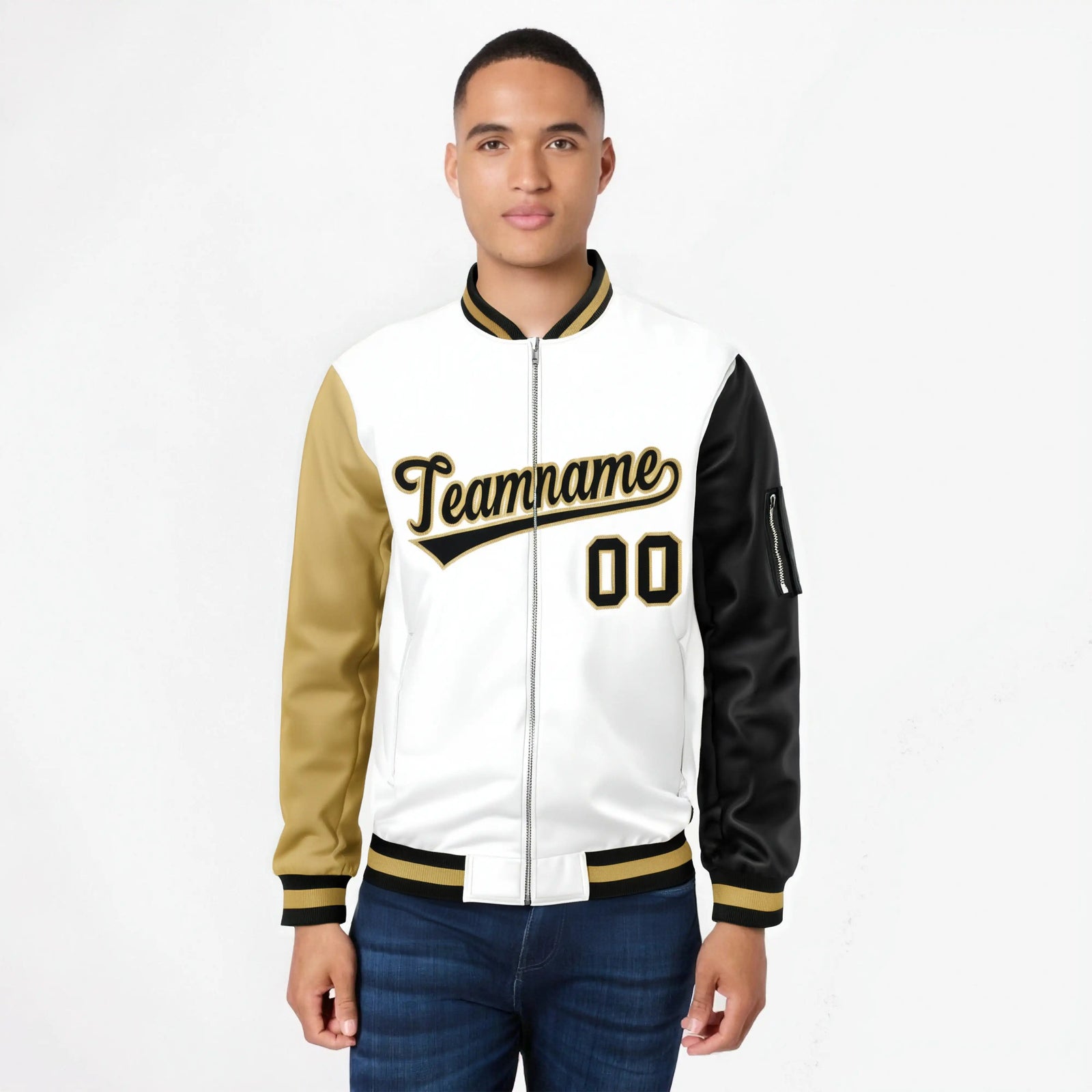 Custom White Black-Khaki Varsity Full-Zip Raglan Sleeves Letterman Bomber Jacket