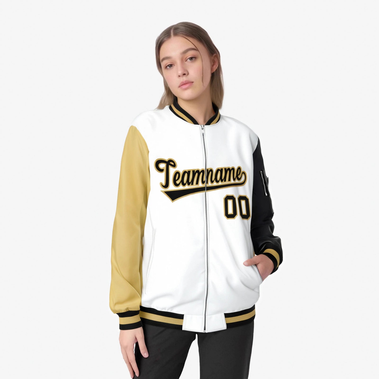 Custom White Black-Khaki Varsity Full-Zip Raglan Sleeves Letterman Bomber Jacket