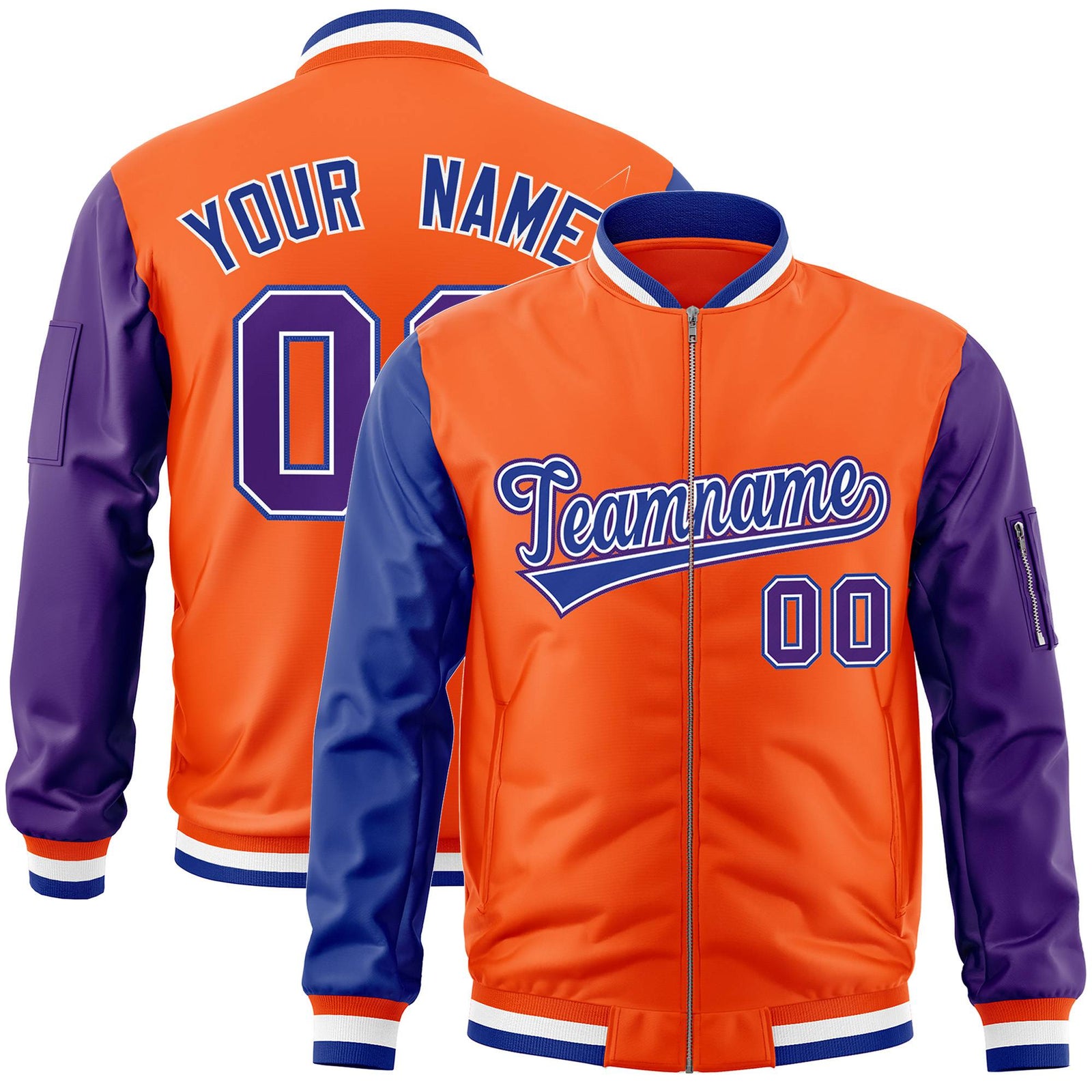 Custom Orange Purple-Royal Blue Varsity Full-Zip Raglan Sleeves Letterman Bomber Jacket