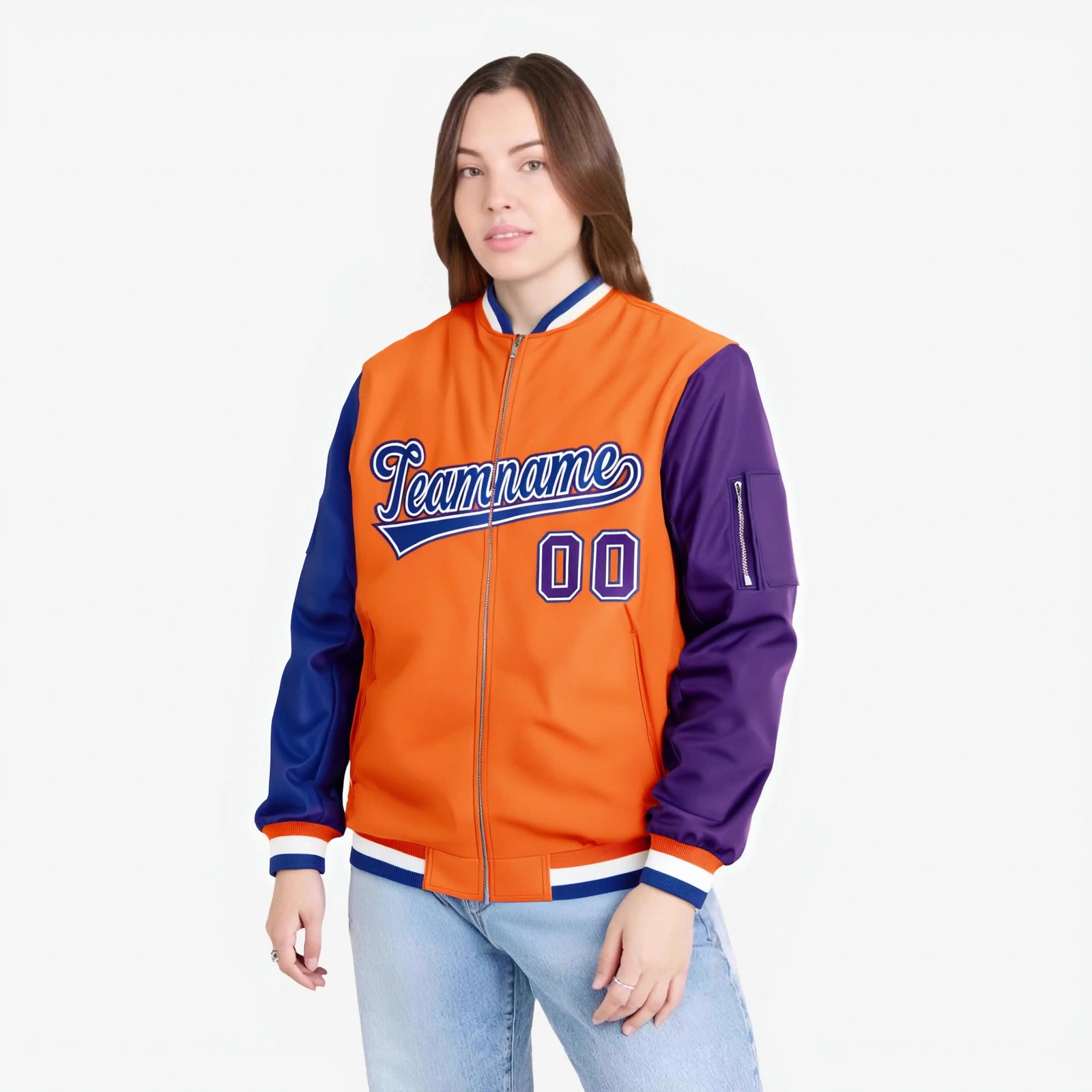 Custom Orange Purple-Royal Blue Varsity Full-Zip Raglan Sleeves Letterman Bomber Jacket