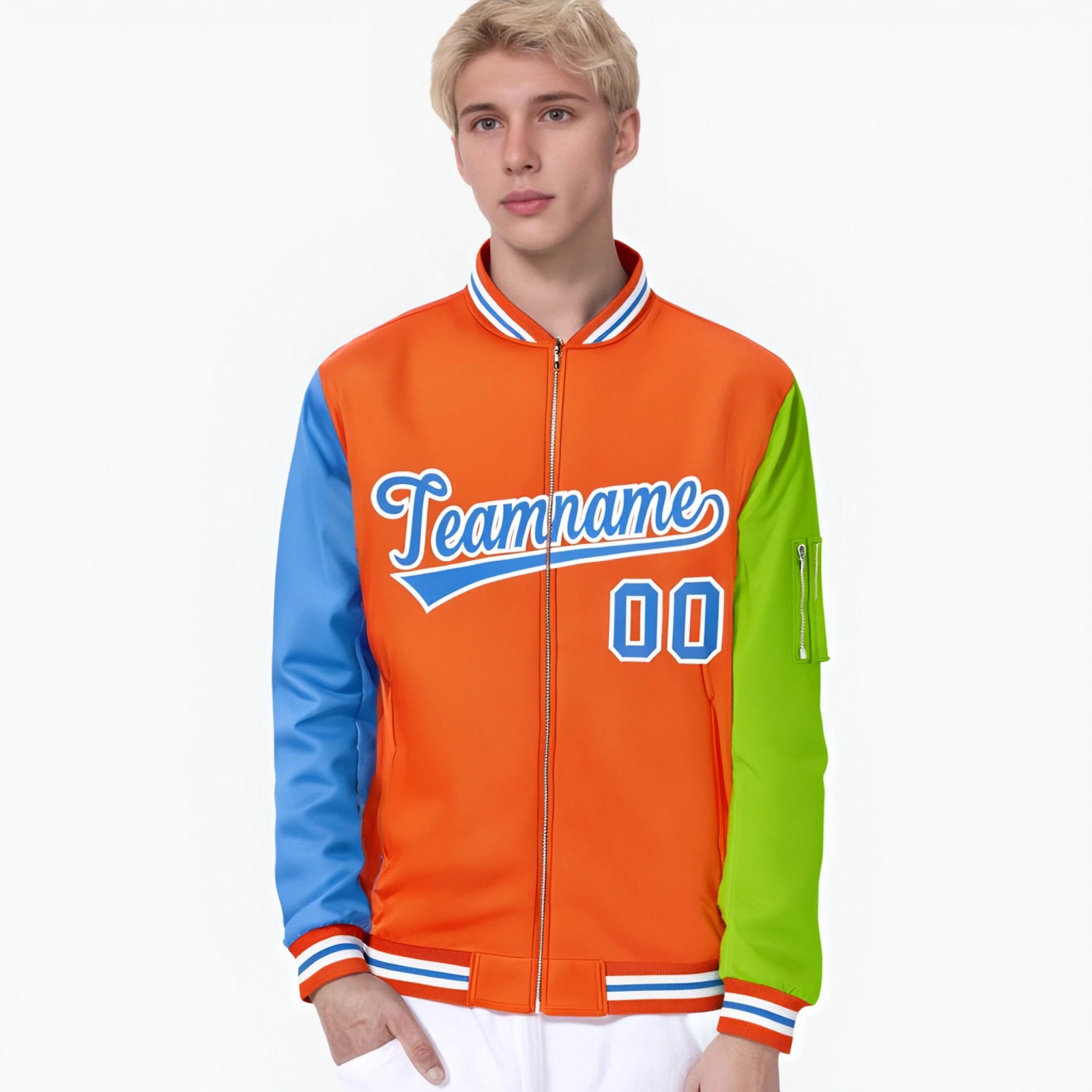 Custom Orange Neon Green-Powder Blue Varsity Full-Zip Raglan Sleeves Letterman Bomber Jacket