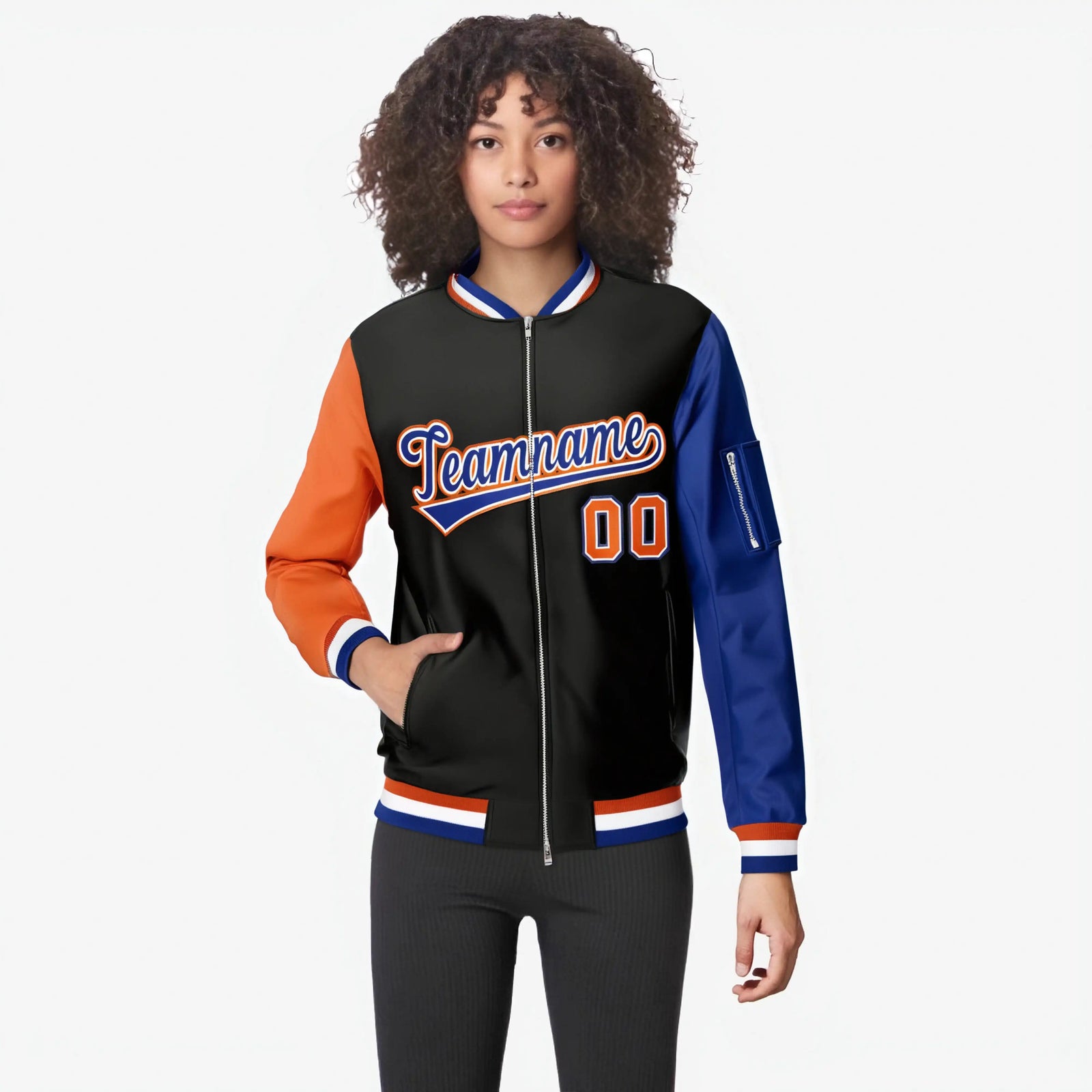 Custom Black Royal Blue-Orange Varsity Full-Zip Raglan Sleeves Letterman Bomber Jacket