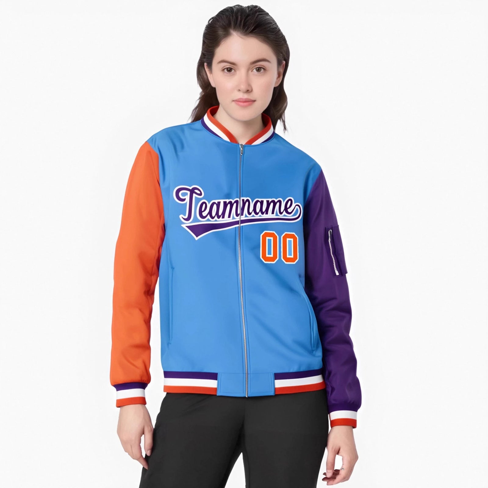 Custom Powder Blue Purple-Orange Varsity Full-Zip Raglan Sleeves Letterman Bomber Jacket