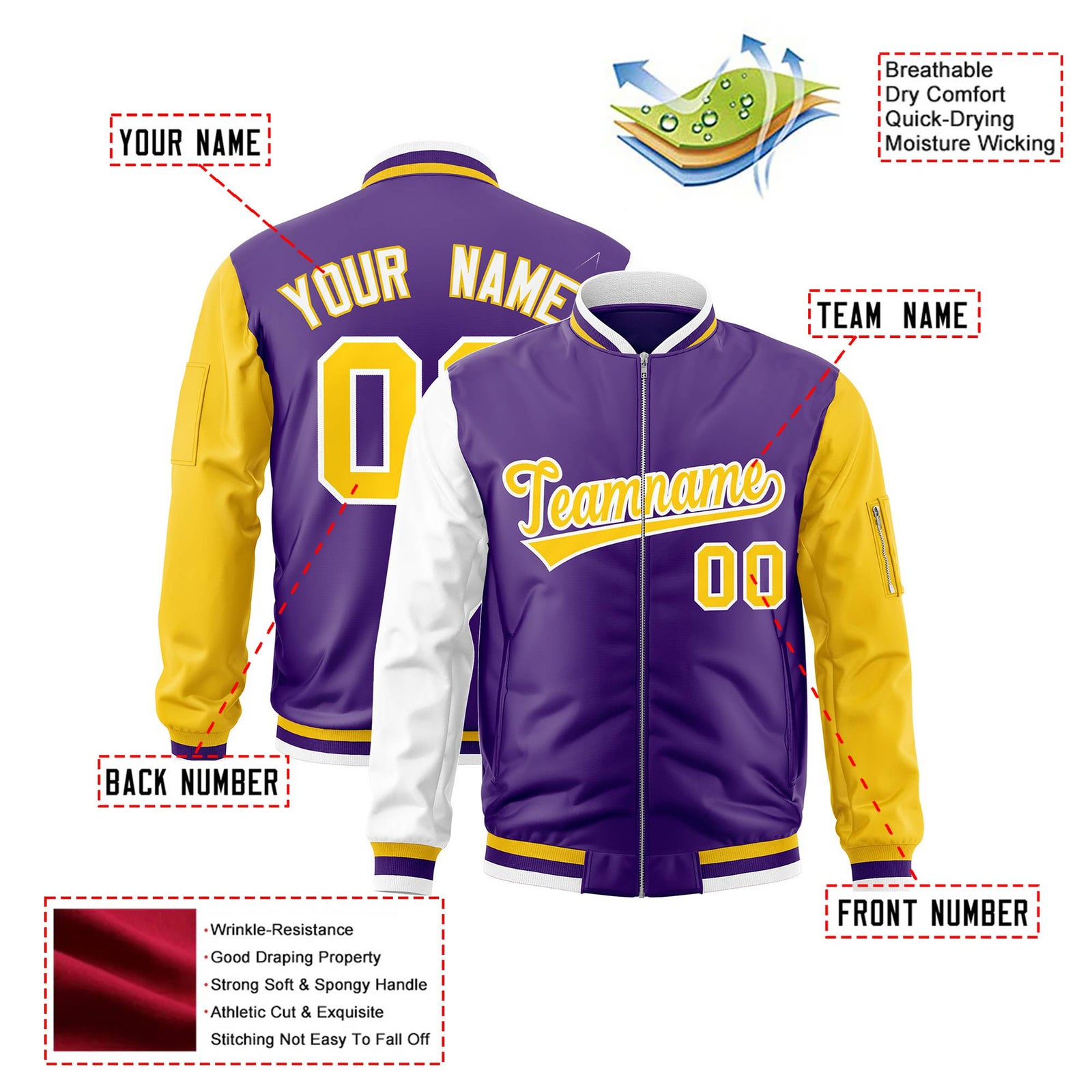 Custom Purple Gold-White Varsity Full-Zip Raglan Sleeves Letterman Bomber Jacket
