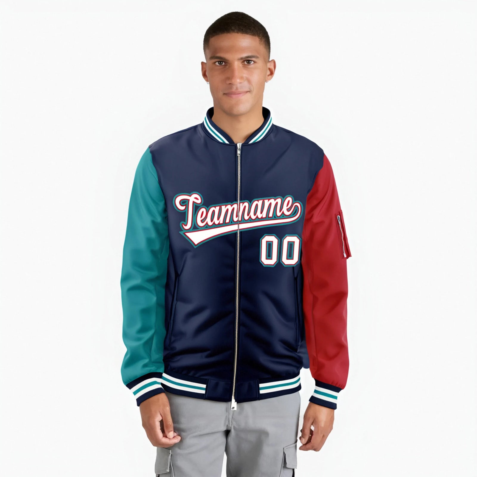Custom Navy Red-Aqua Varsity Full-Zip Raglan Sleeves Letterman Bomber Jacket