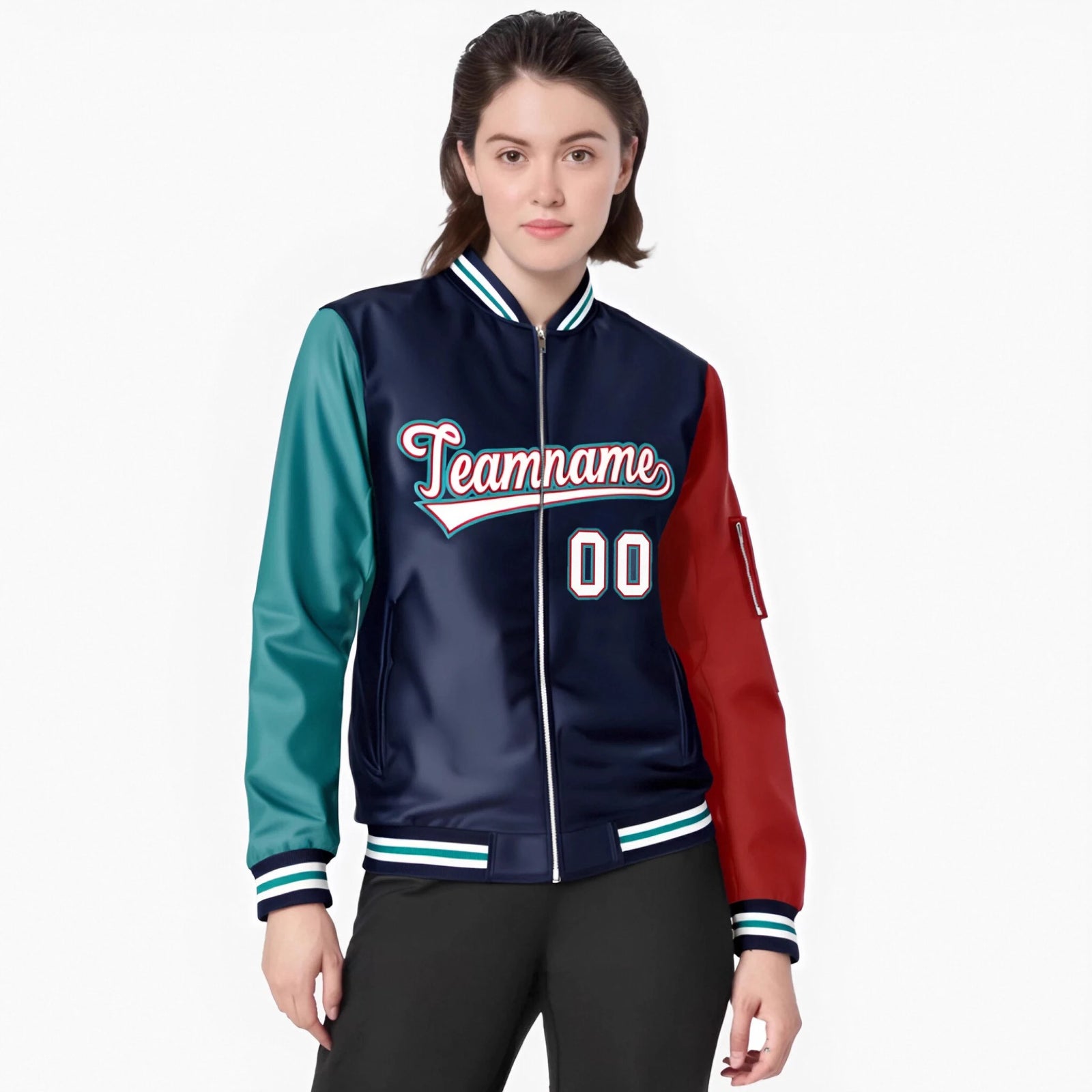Custom Navy Red-Aqua Varsity Full-Zip Raglan Sleeves Letterman Bomber Jacket