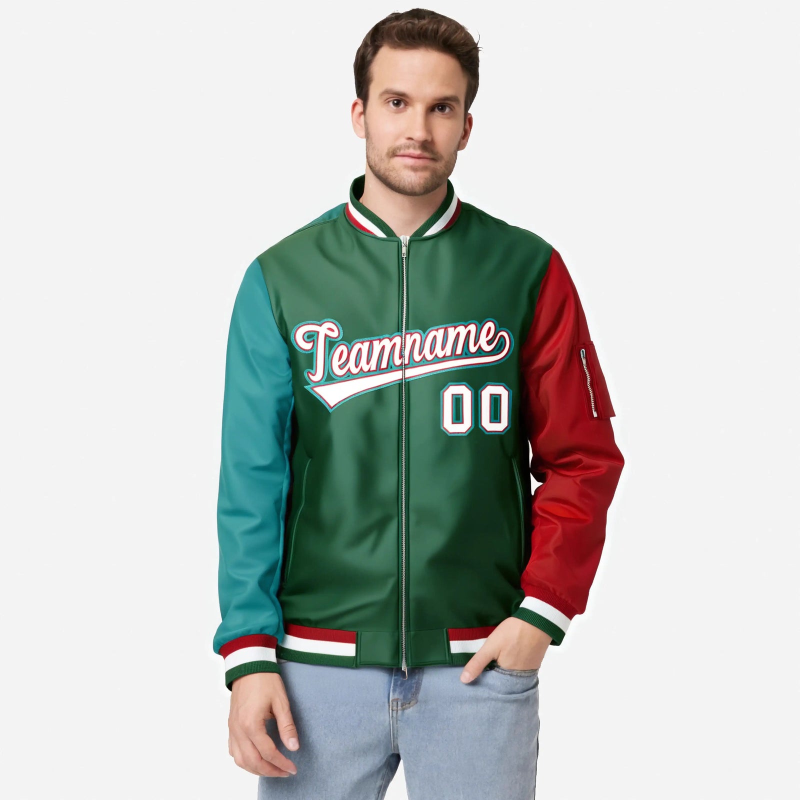 Custom Green Red-Aqua Varsity Full-Zip Raglan Sleeves Letterman Bomber Jacket