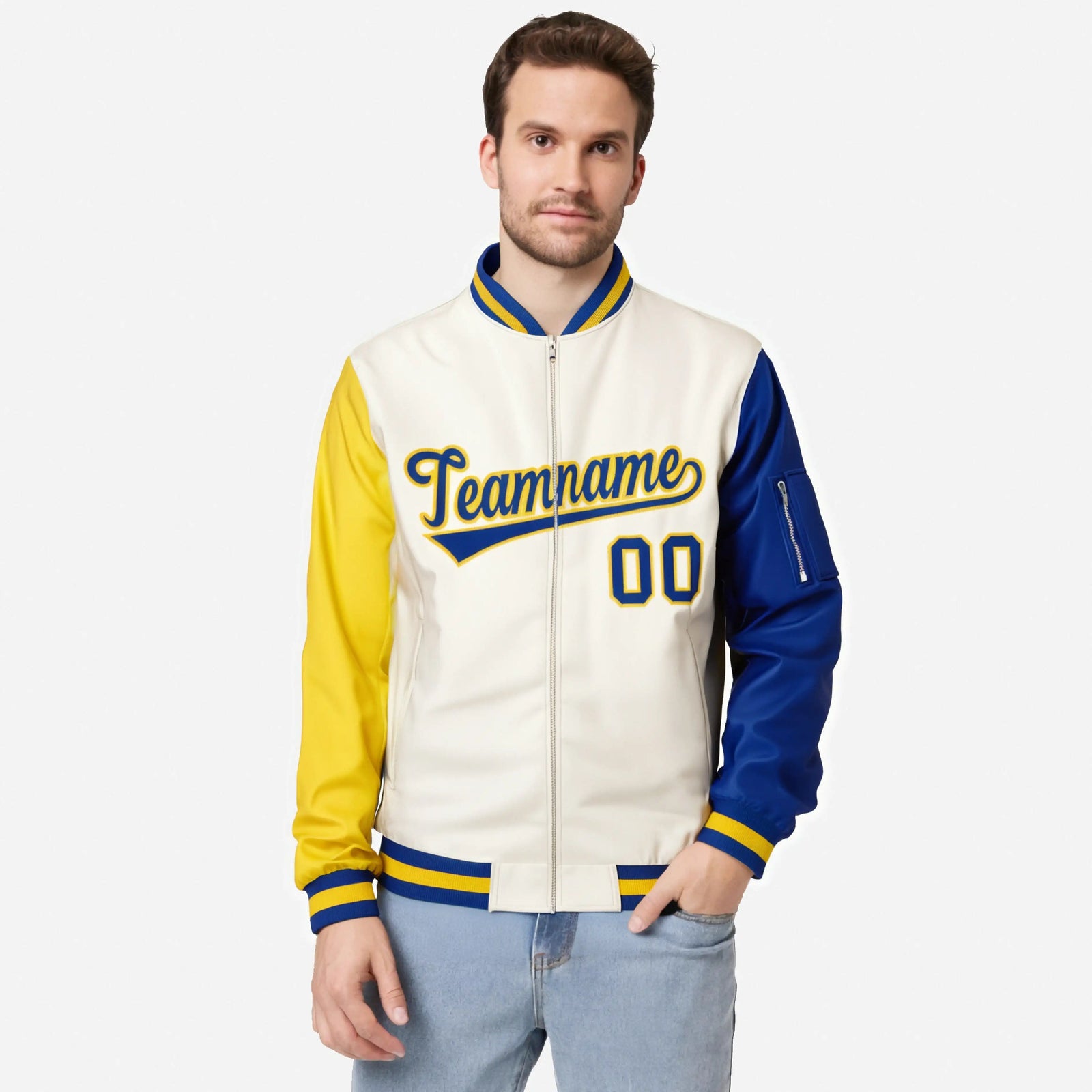 Custom Cream Royal Blue-Gold Varsity Full-Zip Raglan Sleeves Letterman Bomber Jacket