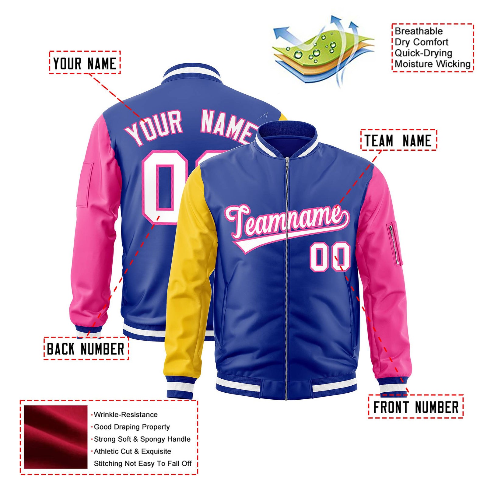 Custom Royal Blue Pink-Gold Varsity Full-Zip Raglan Sleeves Letterman Bomber Jacket
