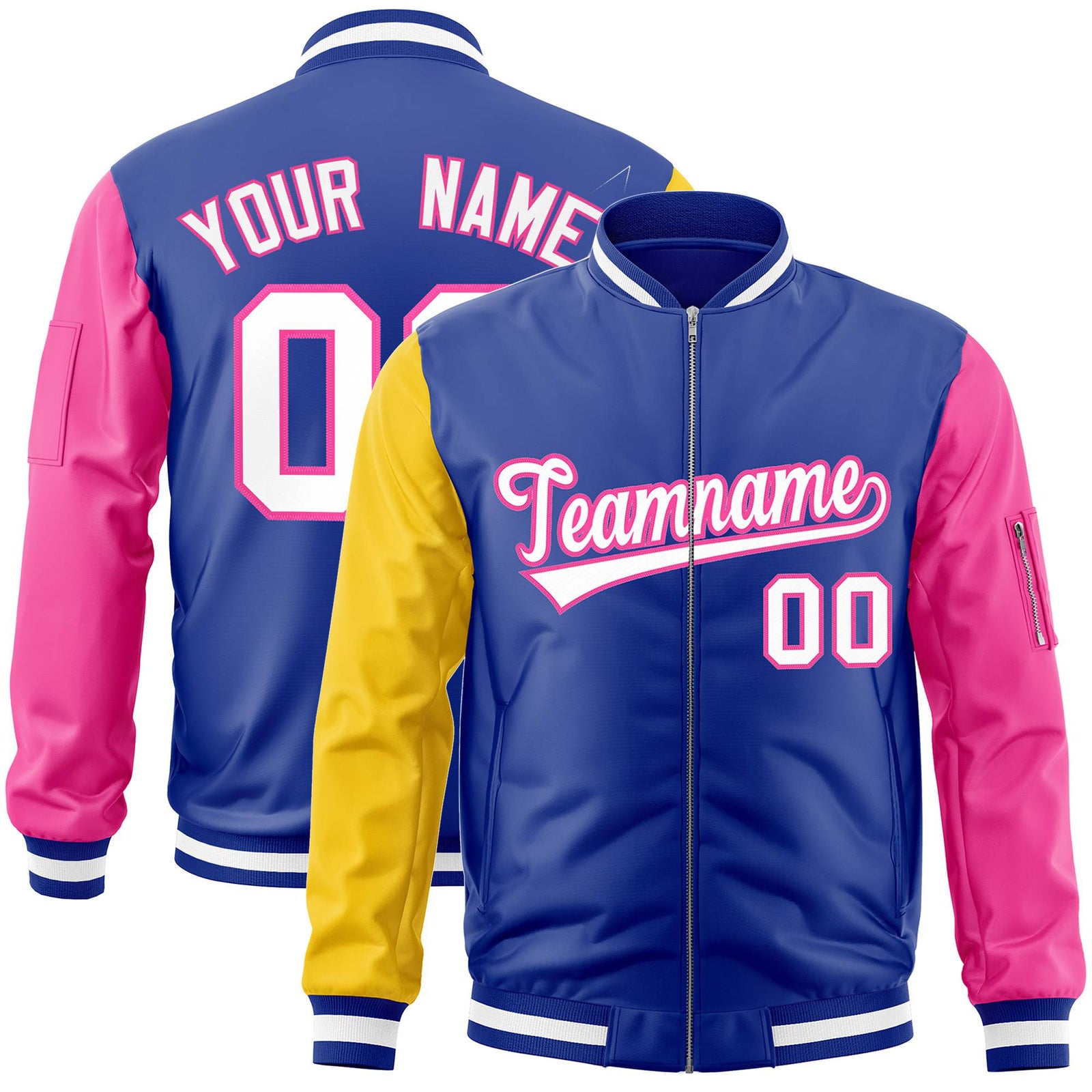 Custom Royal Blue Pink-Gold Varsity Full-Zip Raglan Sleeves Letterman Bomber Jacket
