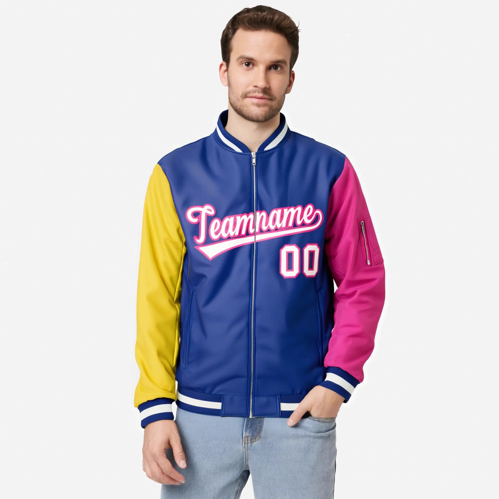 Custom Royal Blue Pink-Gold Varsity Full-Zip Raglan Sleeves Letterman Bomber Jacket
