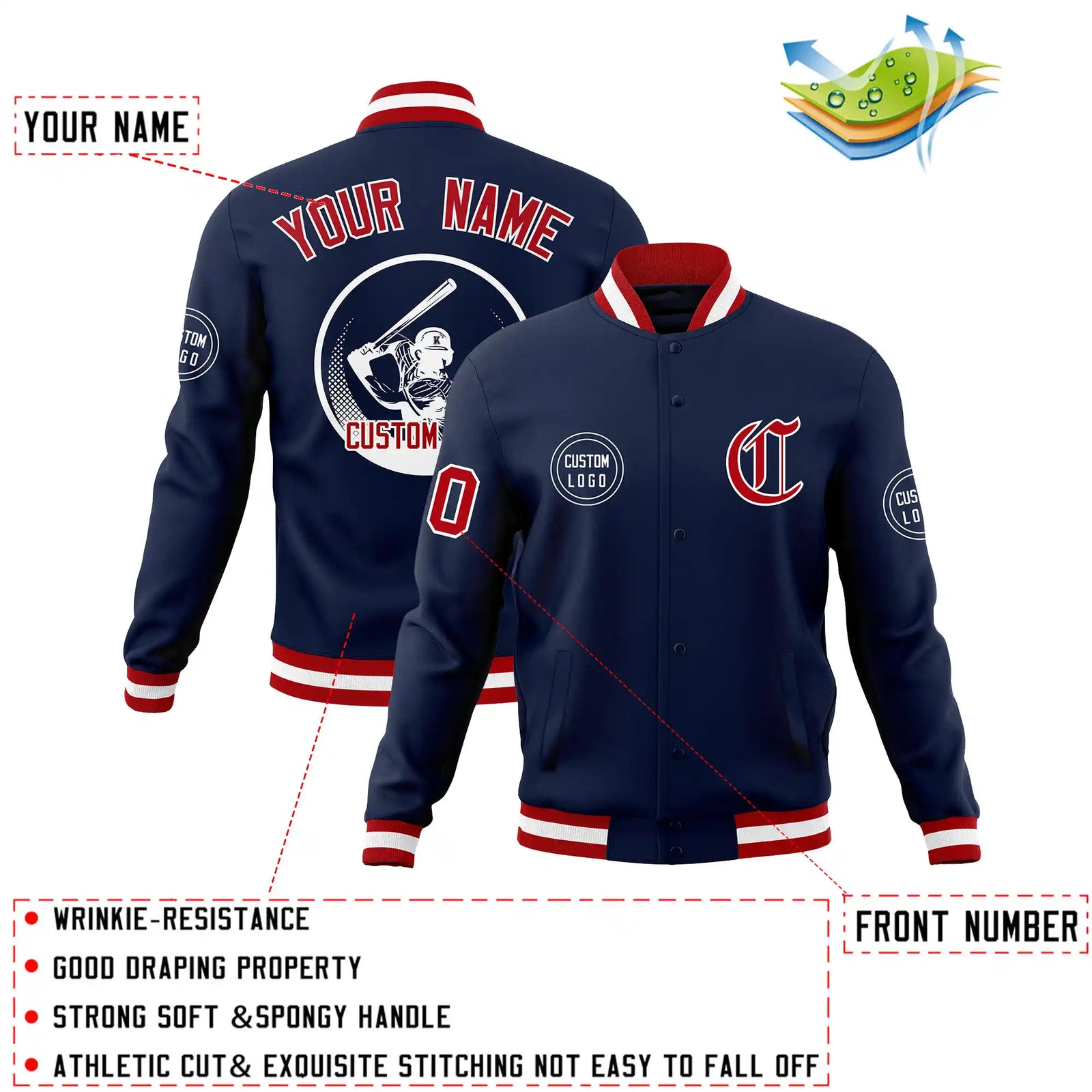 Custom Navy Red-White Bomber Full-Snap Varsity Letterman Jacket