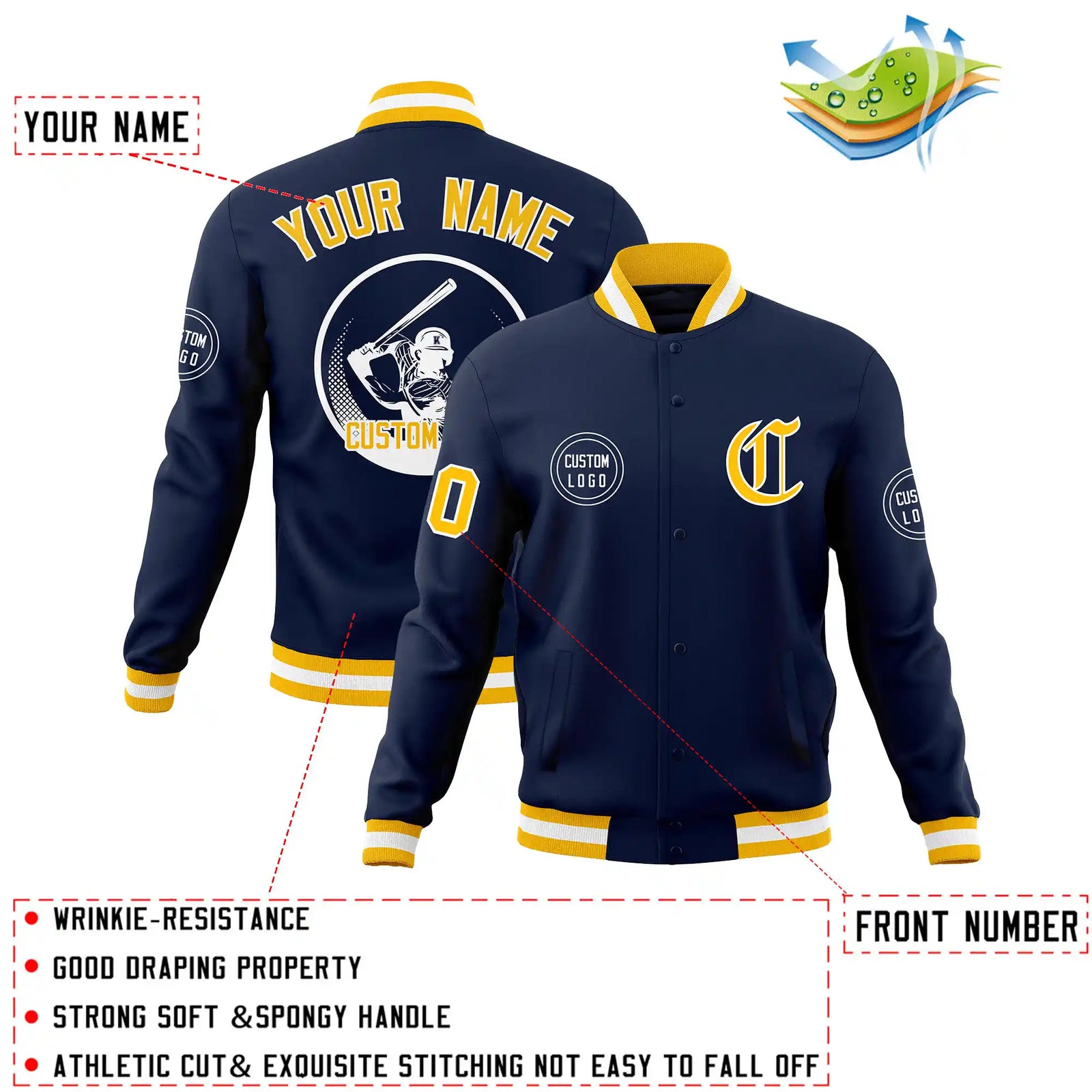Custom Navy Yellow-White Bomber Full-Snap Varsity Letterman Jacket