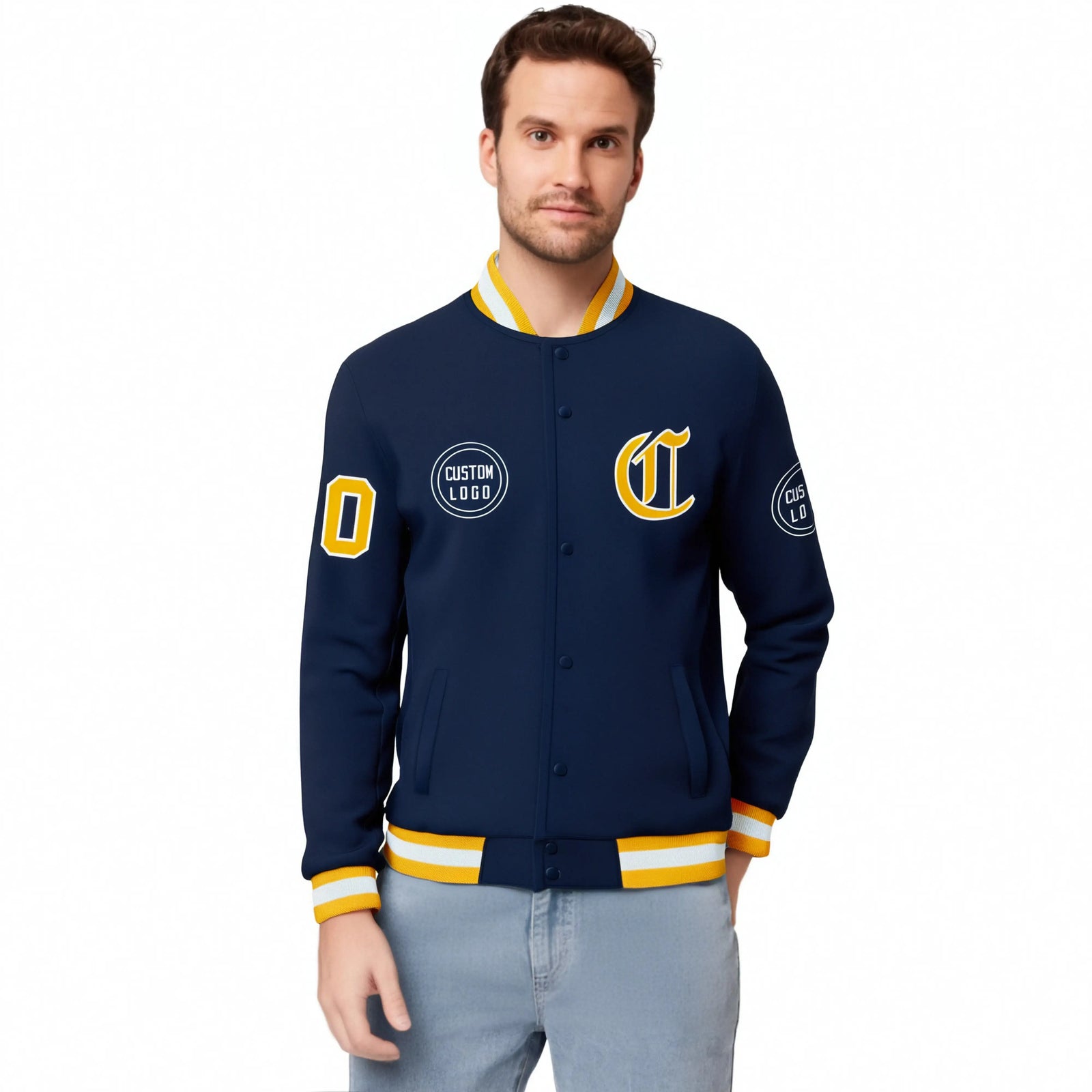 Custom Navy Yellow-White Bomber Full-Snap Varsity Letterman Jacket