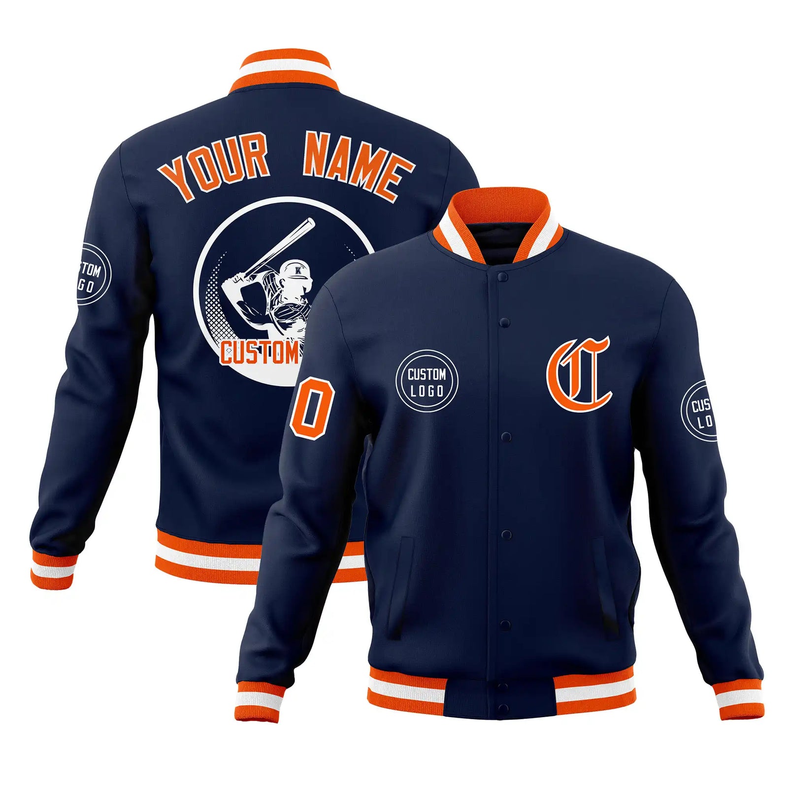 Custom Navy Orange-White Bomber Full-Snap Varsity Letterman Jacket
