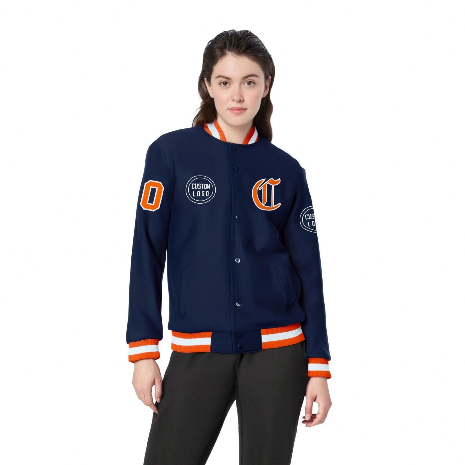 Custom Navy Orange-White Bomber Full-Snap Varsity Letterman Jacket