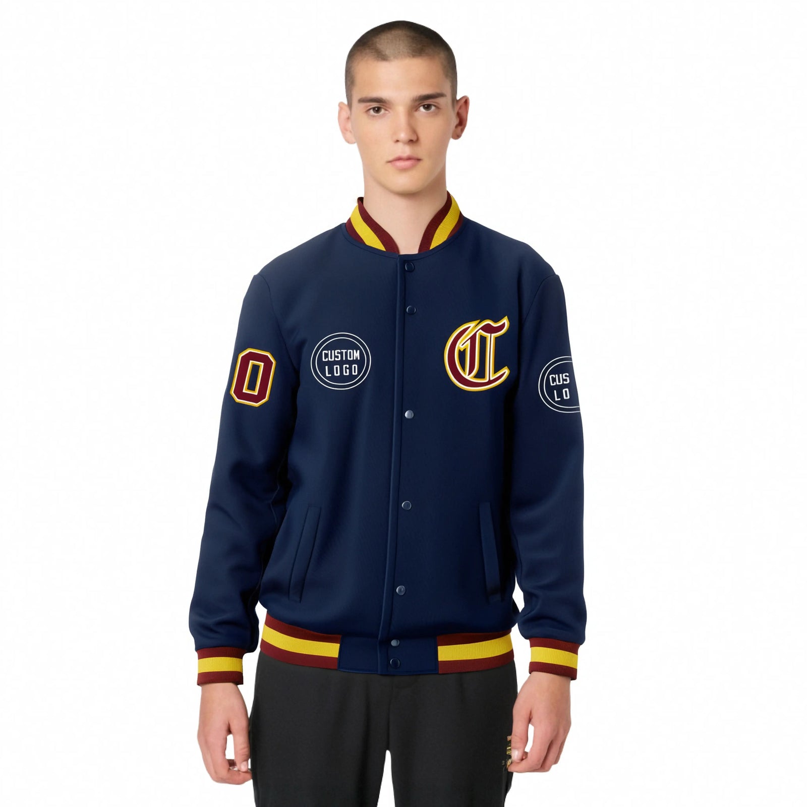 Custom Navy Crimson-Yellow Bomber Full-Snap Varsity Letterman Jacket