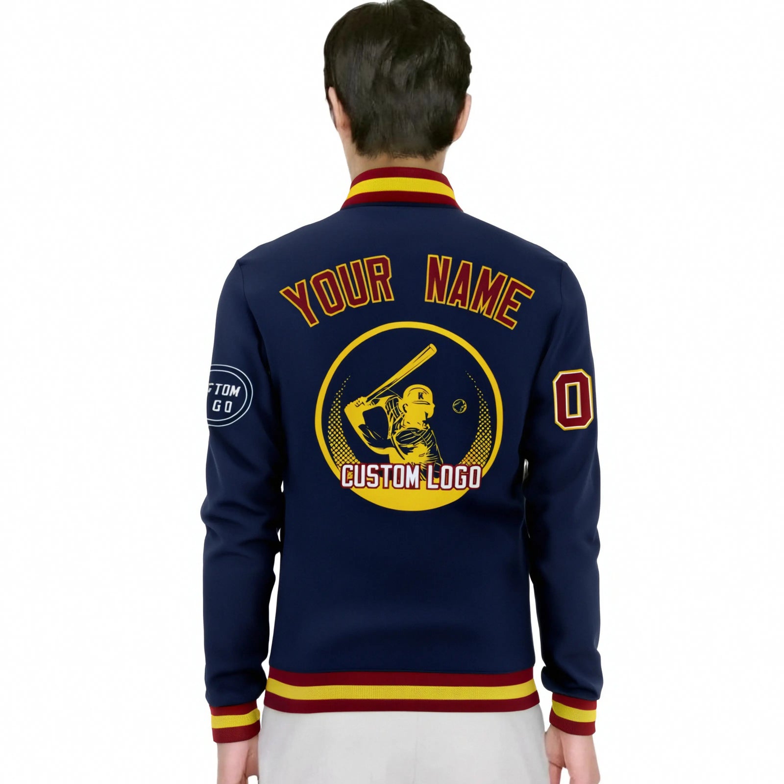 Custom Navy Crimson-Yellow Bomber Full-Snap Varsity Letterman Jacket