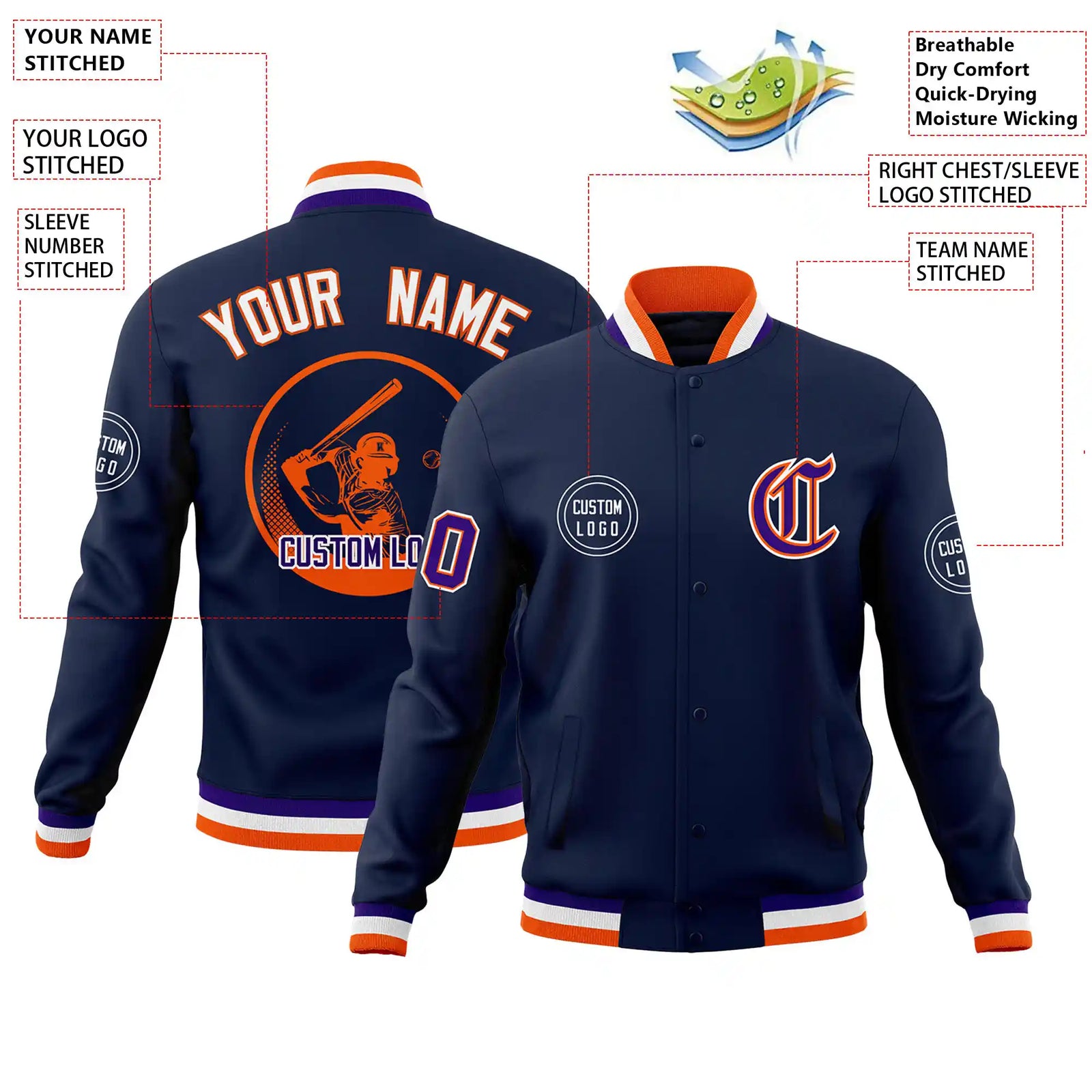 Custom Navy Orange-White Bomber Full-Snap Varsity Letterman Jacket