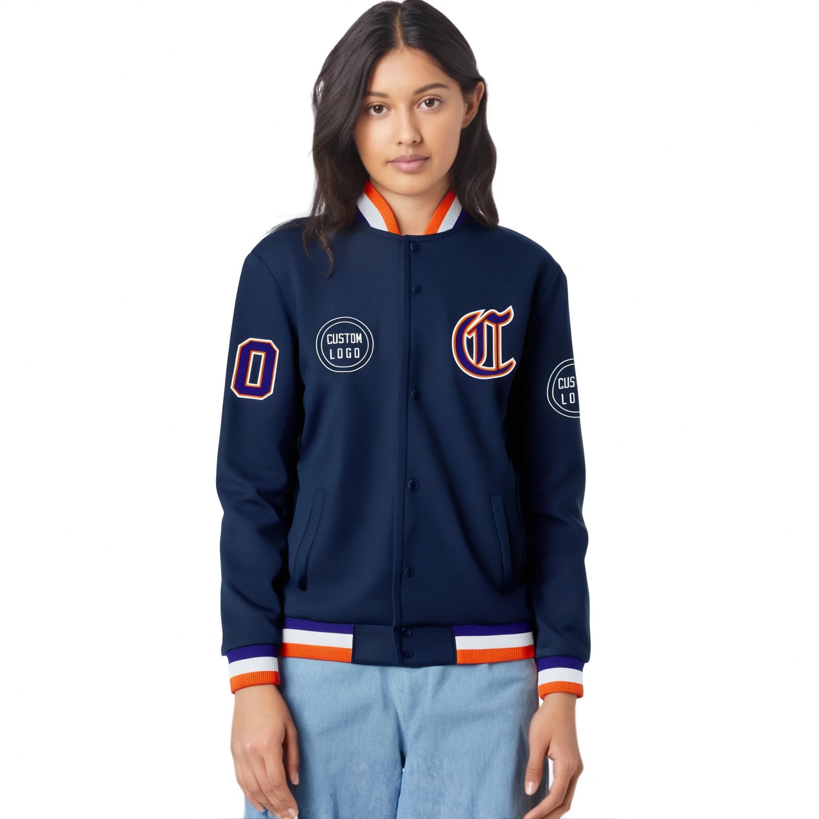 Custom Navy Orange-White Bomber Full-Snap Varsity Letterman Jacket