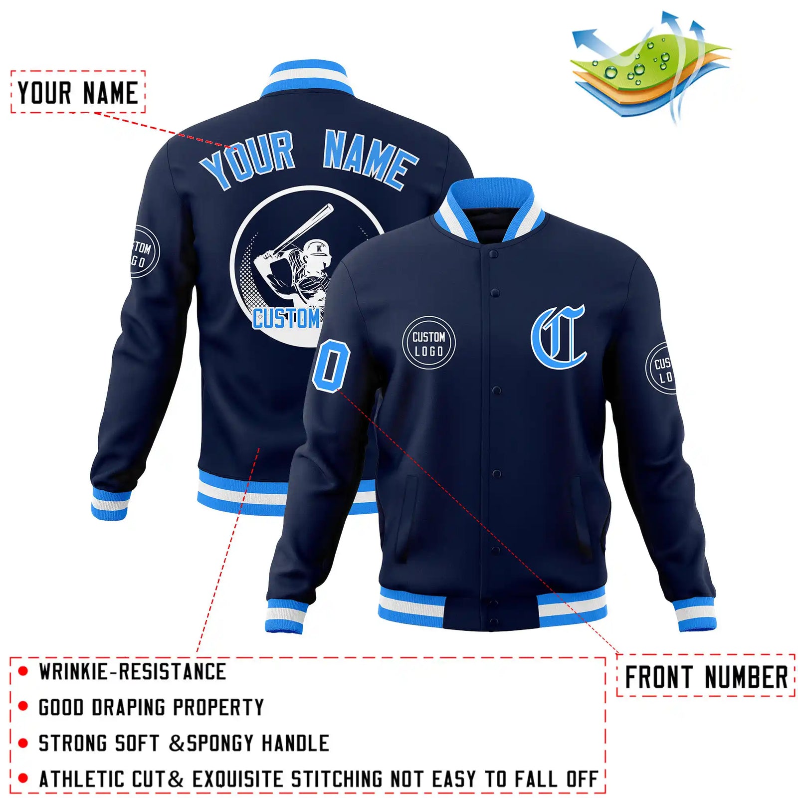 Custom Navy Powder Blue-White Bomber Full-Snap Varsity Letterman Jacket