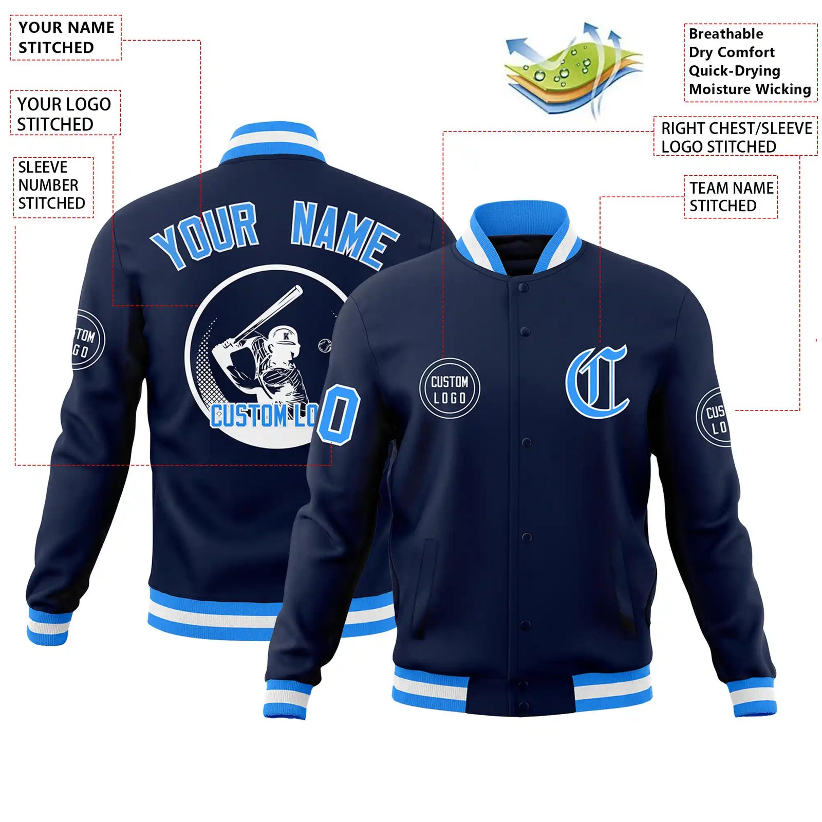 Custom Navy Powder Blue-White Bomber Full-Snap Varsity Letterman Jacket