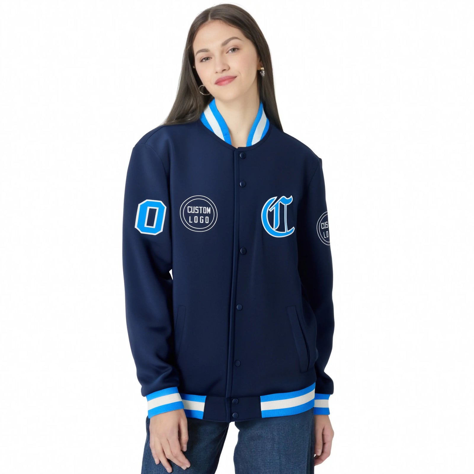Custom Navy Powder Blue-White Bomber Full-Snap Varsity Letterman Jacket