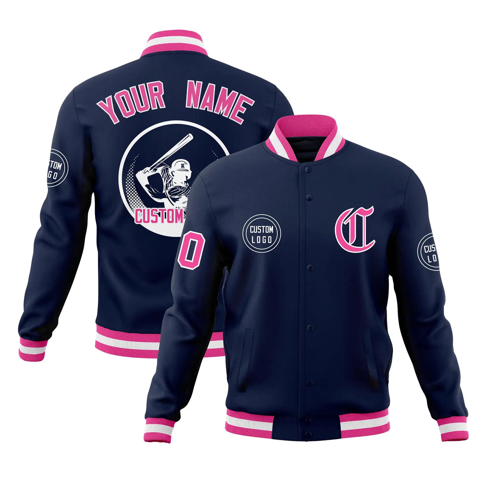 Custom Navy Pink-White Bomber Full-Snap Varsity Letterman Jacket