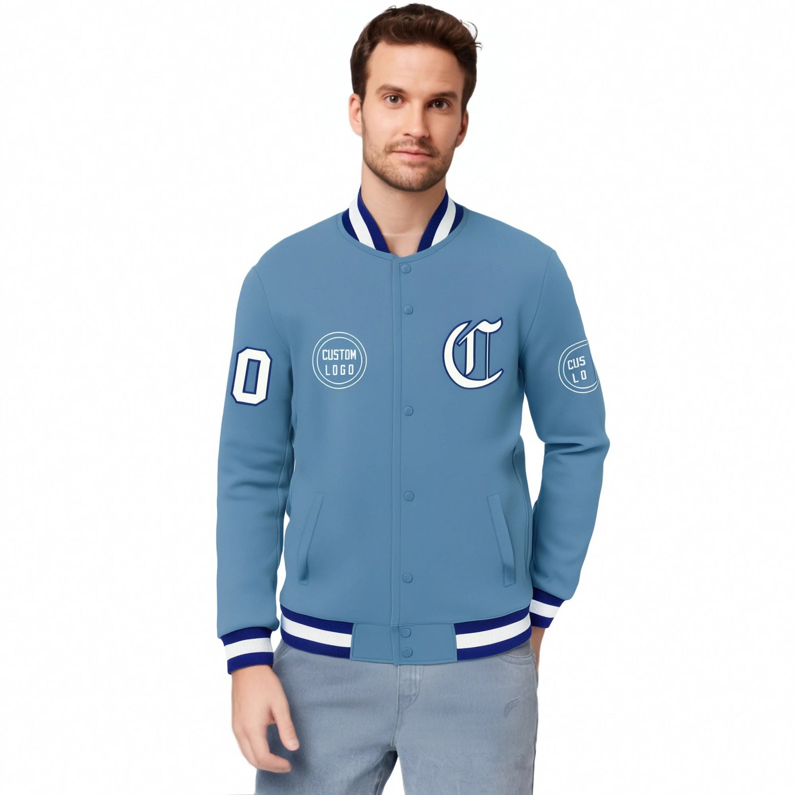 Custom Powder Blue Royal Blue-White Bomber Full-Snap Varsity Letterman Jacket