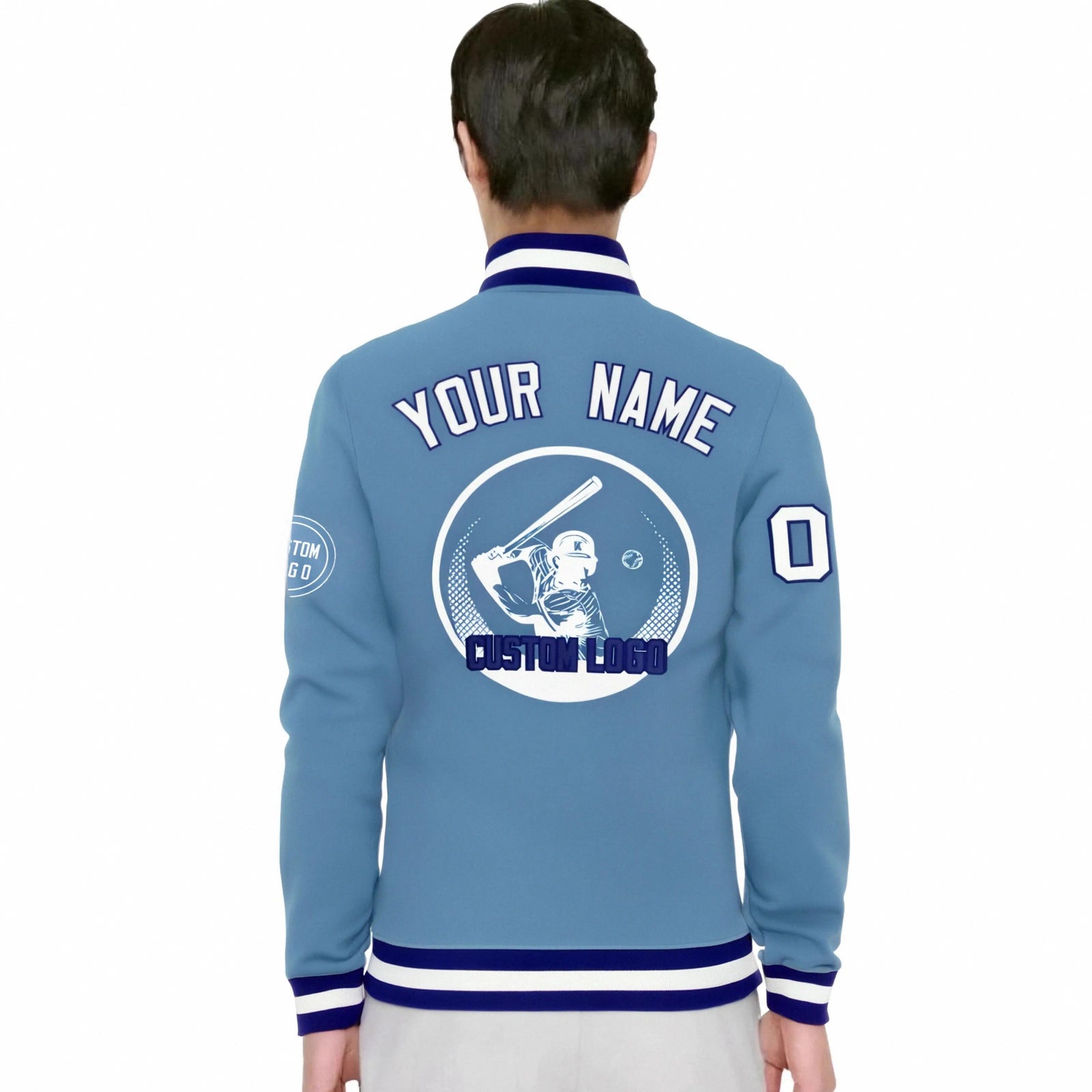 Custom Powder Blue Royal Blue-White Bomber Full-Snap Varsity Letterman Jacket