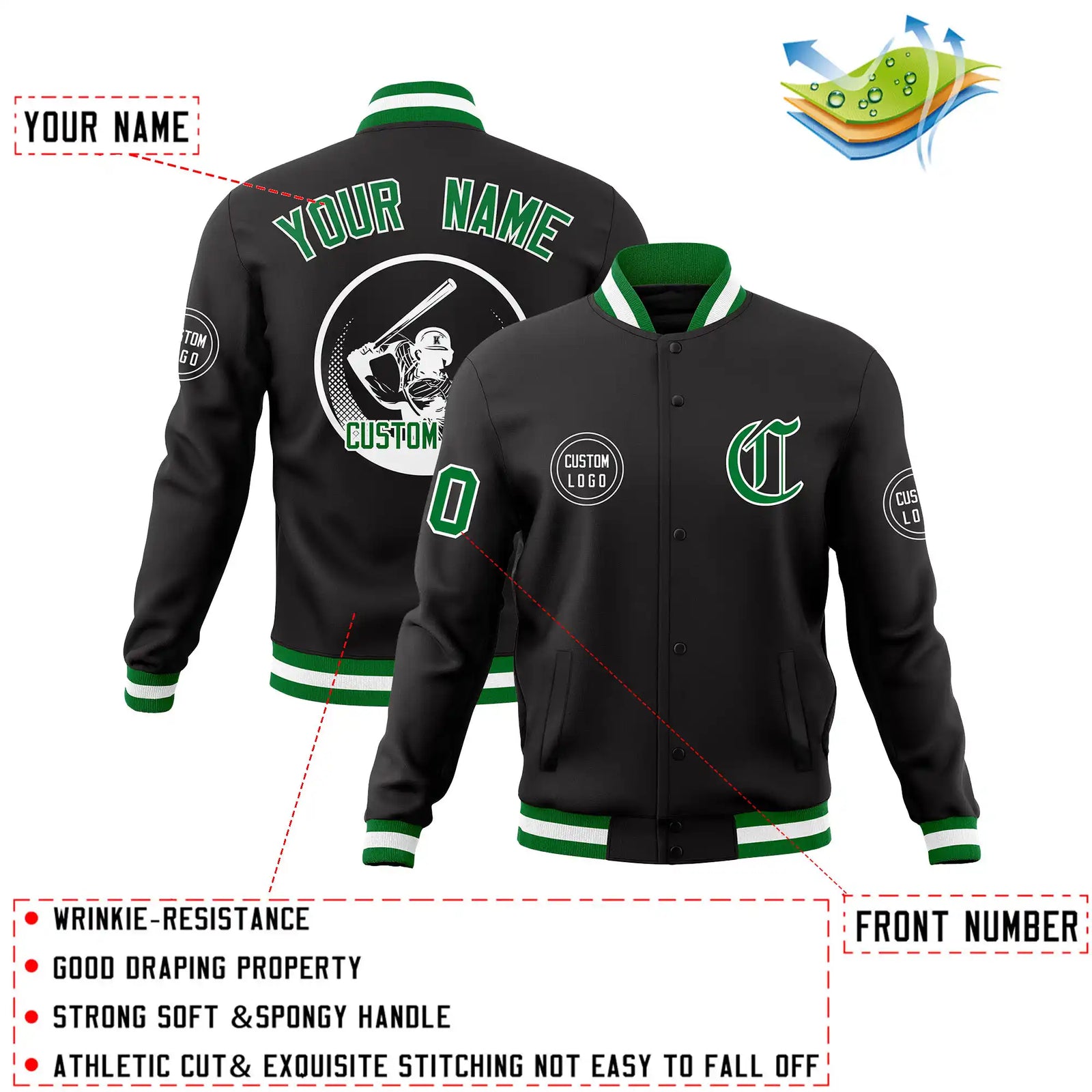 Custom Black Kelly Green-Black Bomber Full-Snap Varsity Letterman Jacket