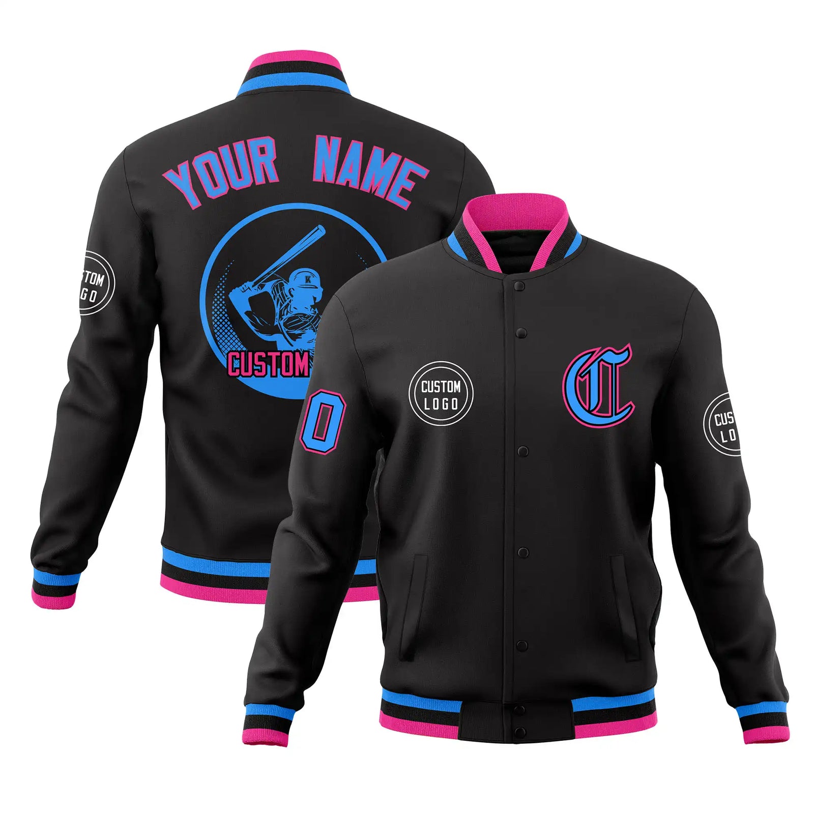 Custom Black Powder Blue-Pink Bomber Full-Snap Varsity Letterman Jacket