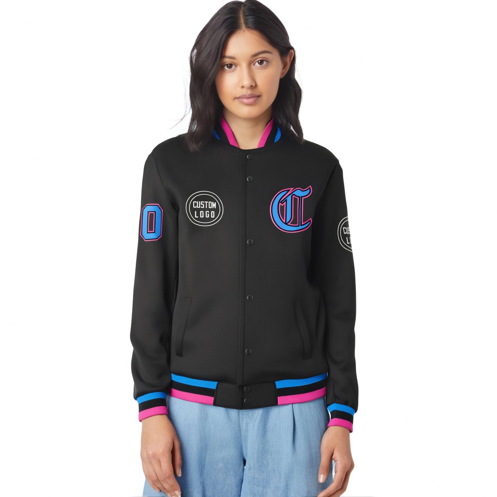 Custom Black Powder Blue-Pink Bomber Full-Snap Varsity Letterman Jacket