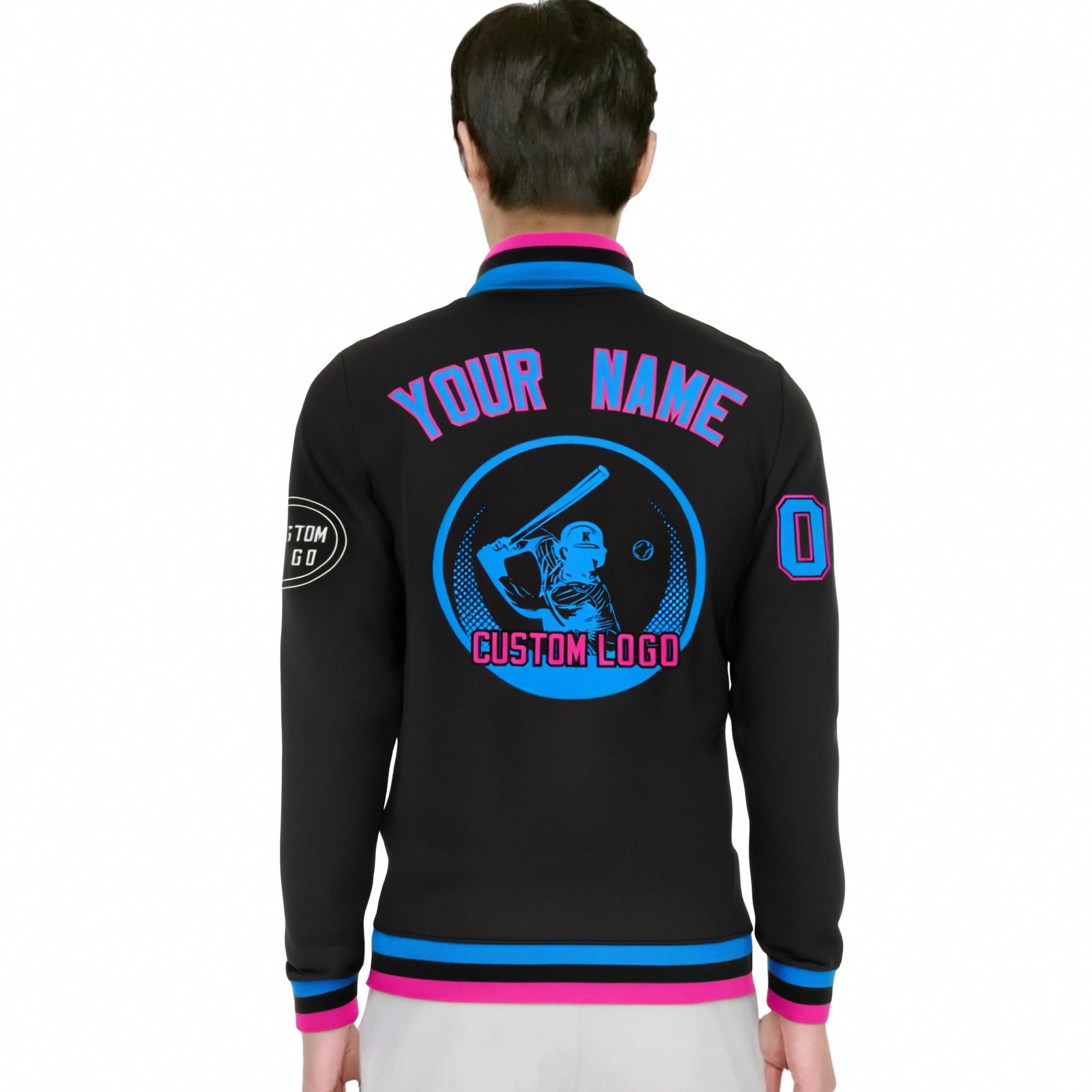Custom Black Powder Blue-Pink Bomber Full-Snap Varsity Letterman Jacket
