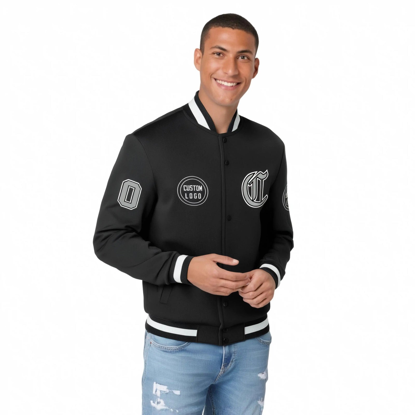 Custom Black Black-White Bomber Full-Snap Varsity Letterman Jacket