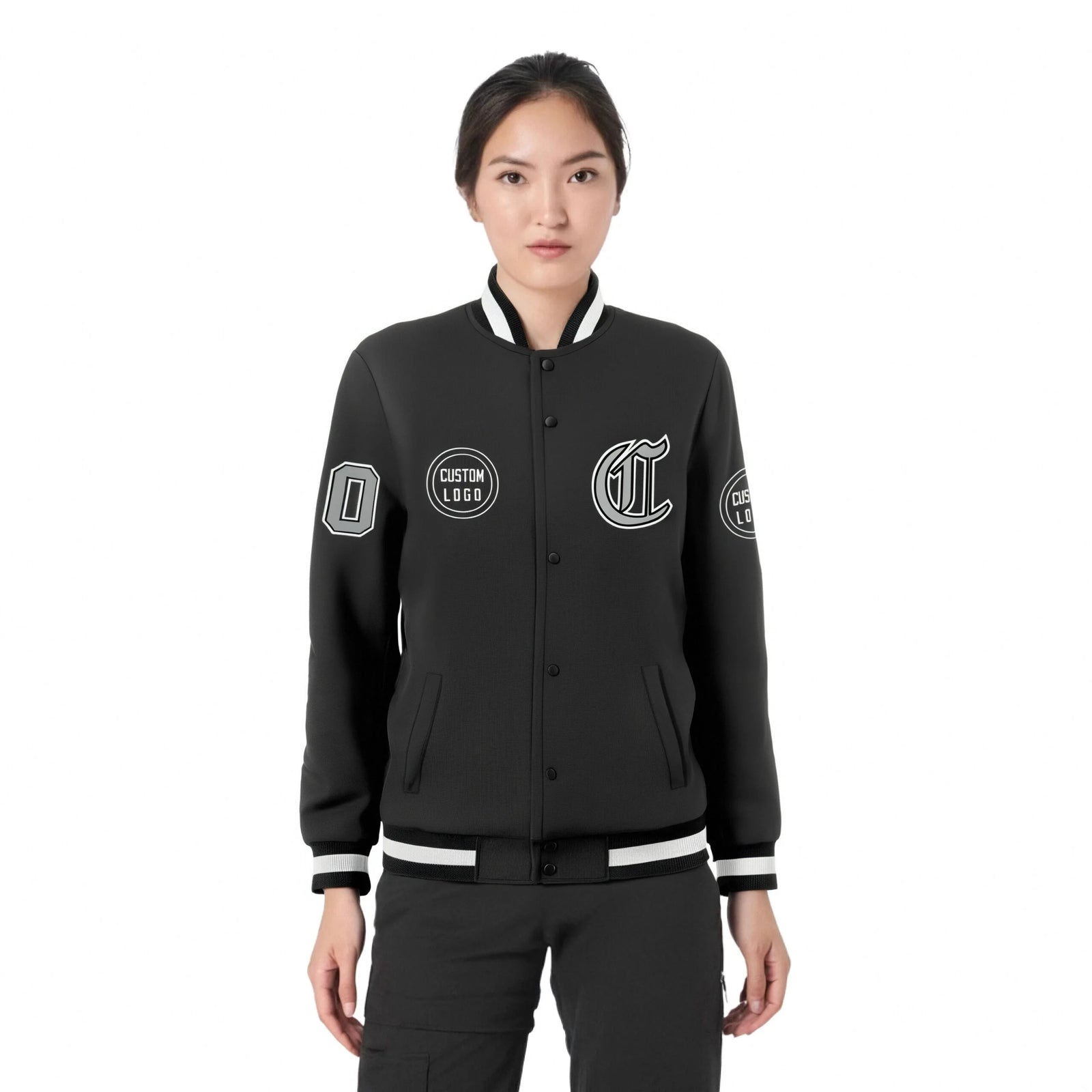 Custom Black Black-White Bomber Full-Snap Varsity Letterman Jacket