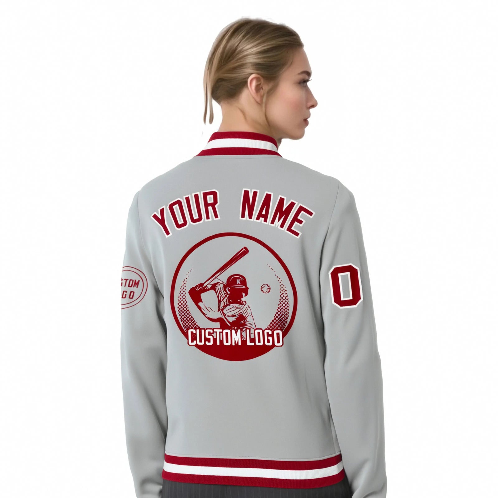 Custom Gray Red-White Bomber Full-Snap Varsity Letterman Jacket