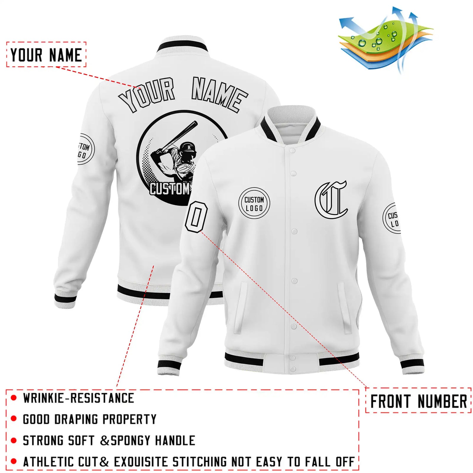 Custom White Black-White Bomber Full-Snap Varsity Letterman Jacket