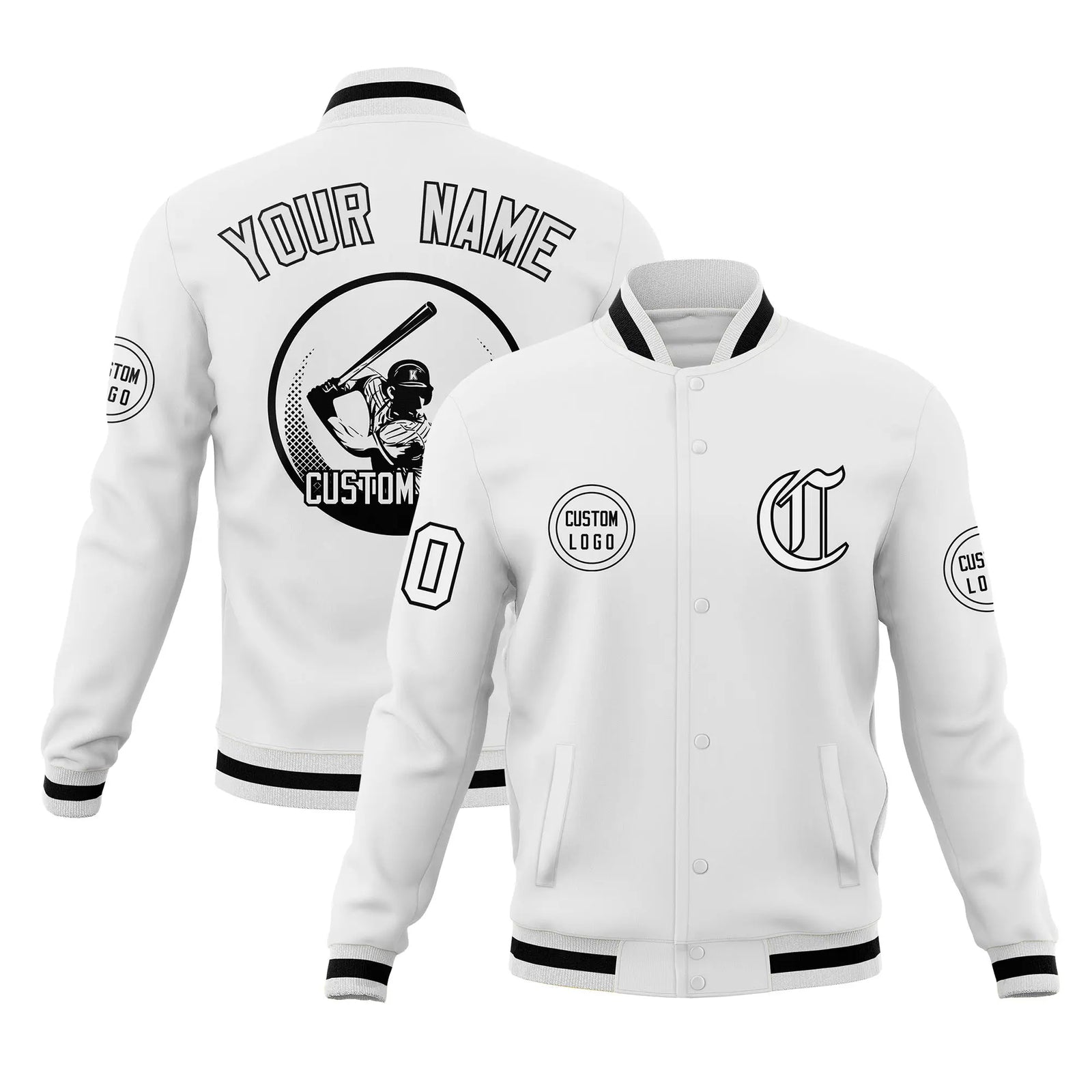 Custom White Black-White Bomber Full-Snap Varsity Letterman Jacket
