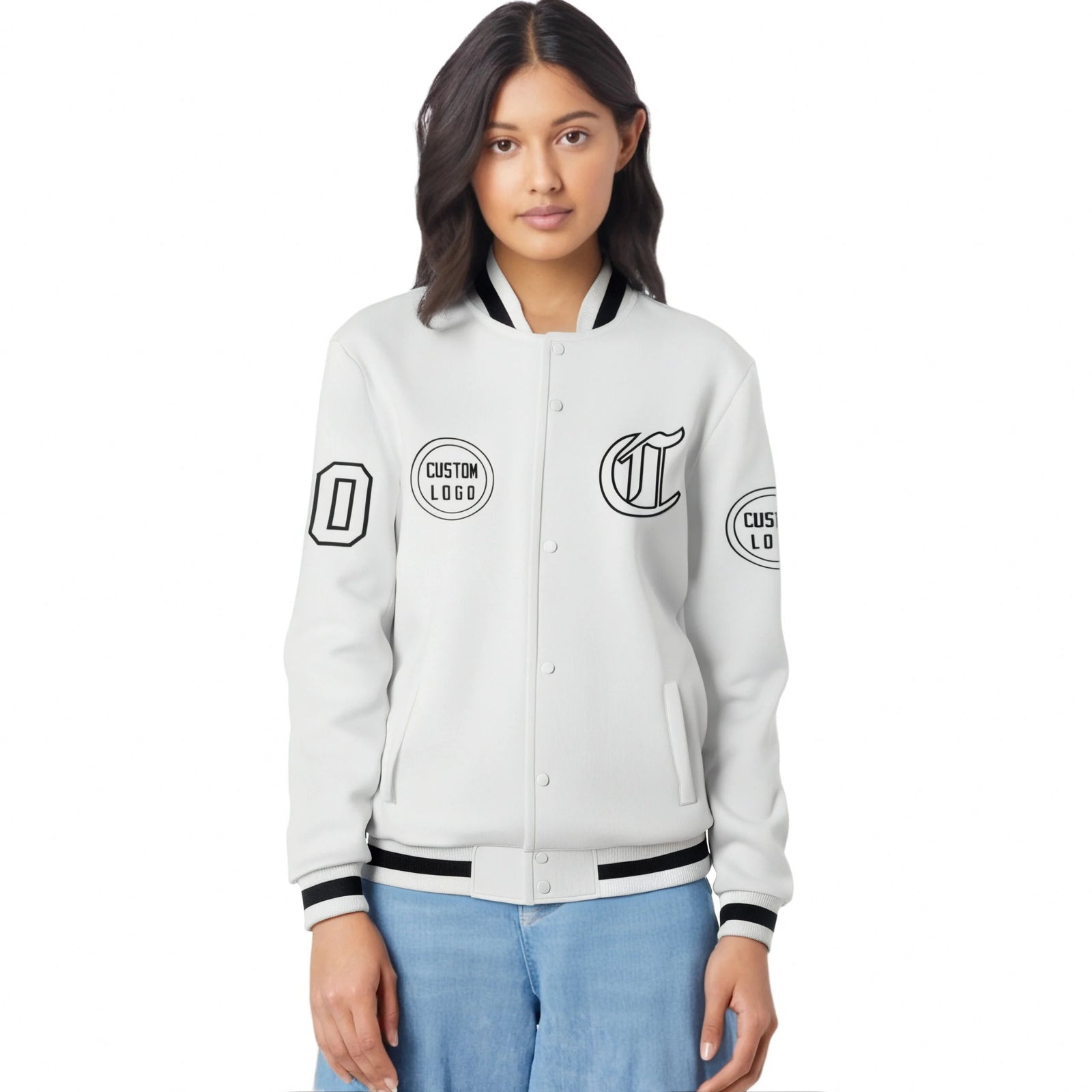 Custom White Black-White Bomber Full-Snap Varsity Letterman Jacket