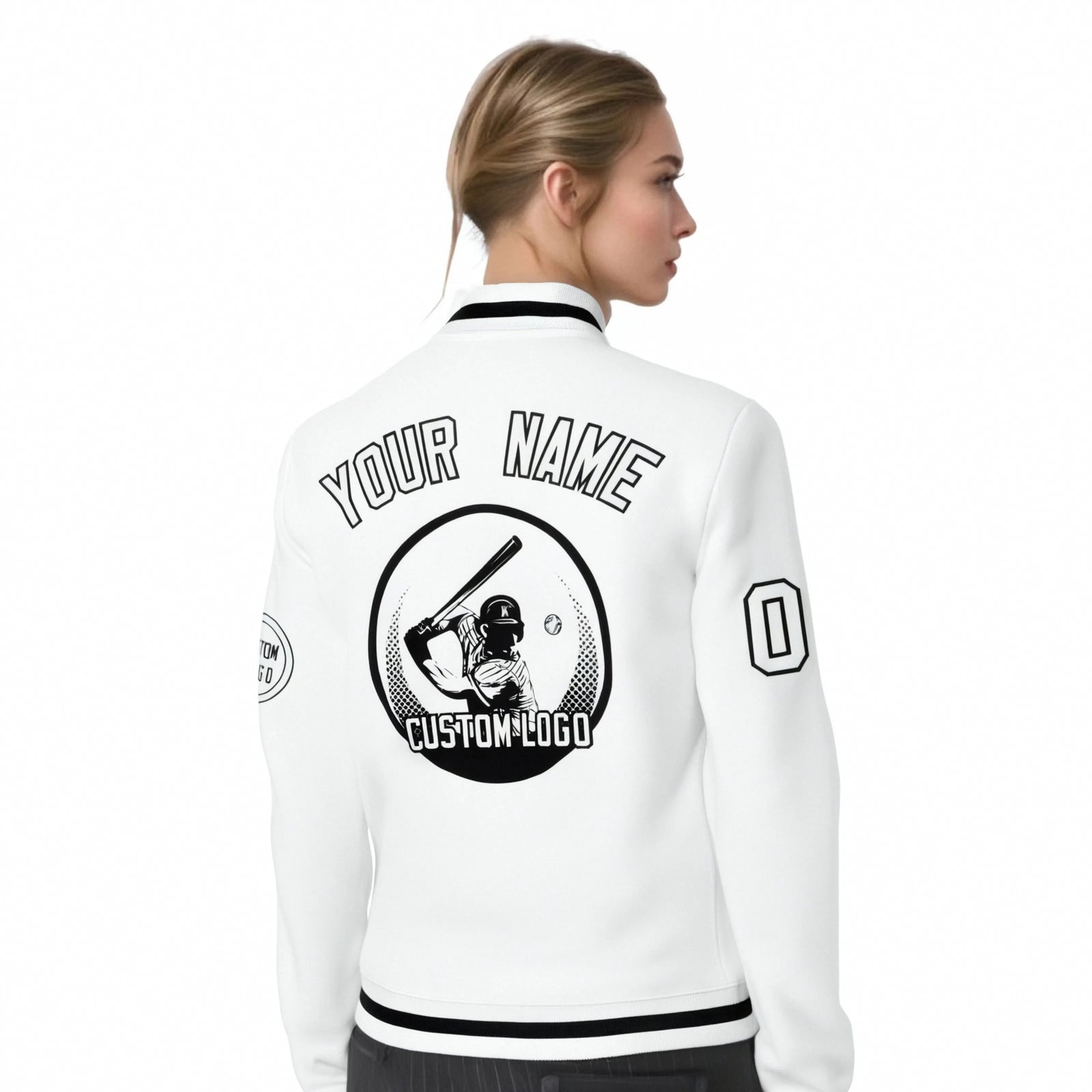 Custom White Black-White Bomber Full-Snap Varsity Letterman Jacket