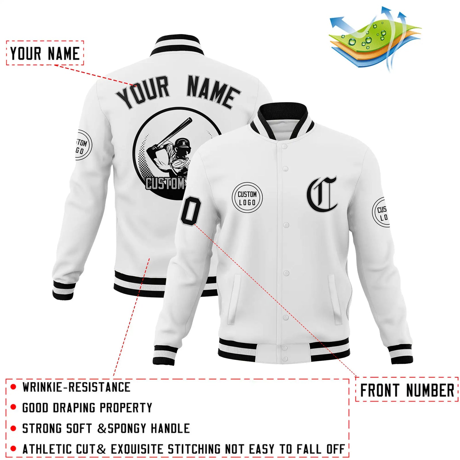 Custom White Black-White Bomber Full-Snap Varsity Letterman Jacket