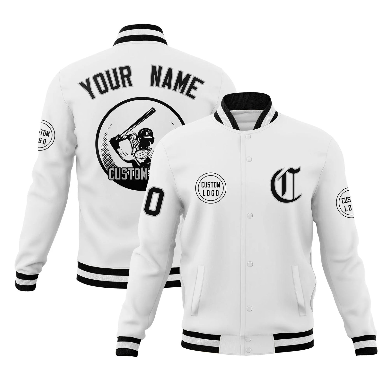 Custom White Black-White Bomber Full-Snap Varsity Letterman Jacket