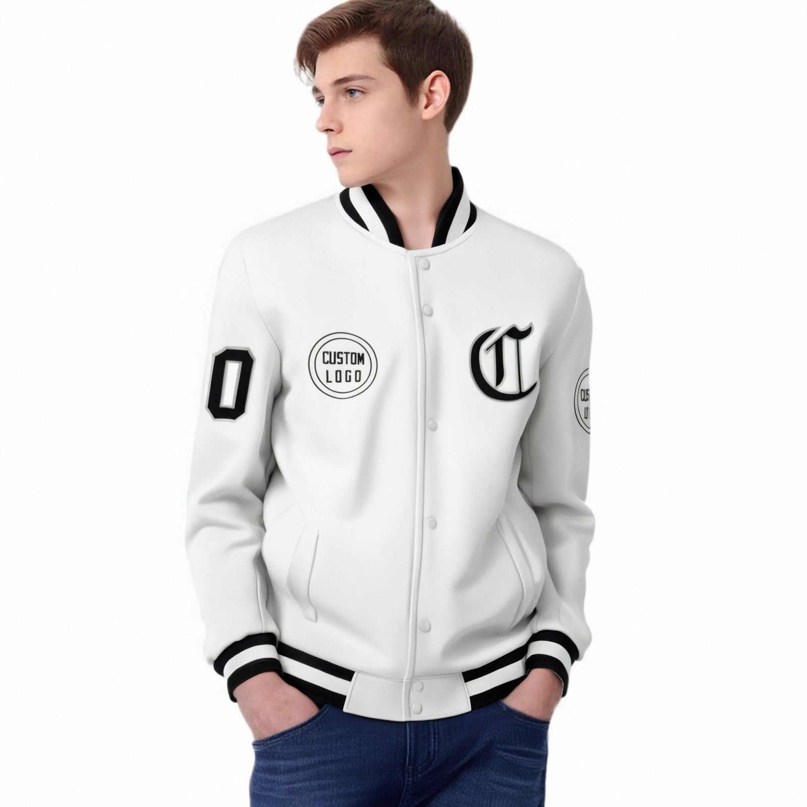 Custom White Black-White Bomber Full-Snap Varsity Letterman Jacket